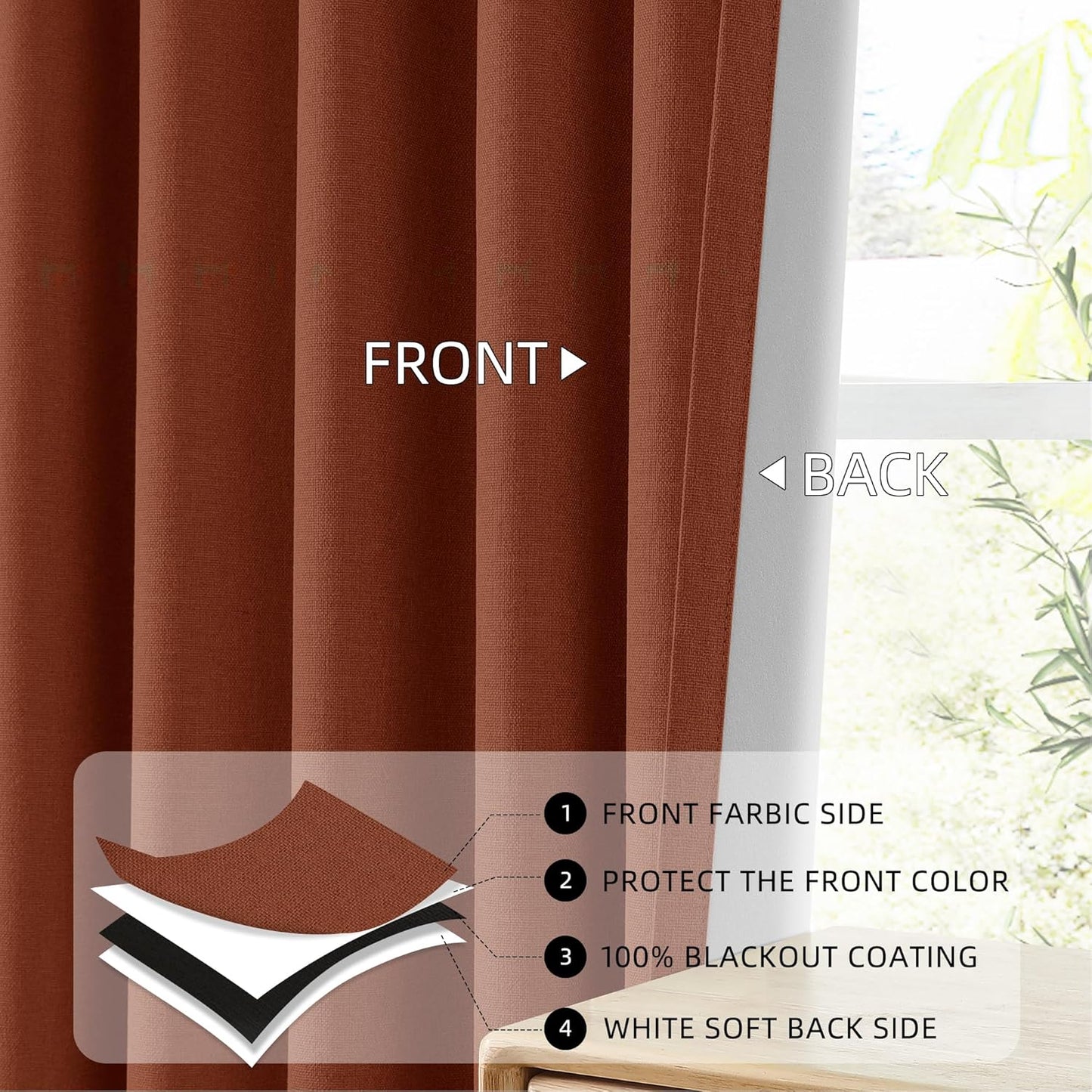 ChrisDowa Terracotta Pinch Pleated Blackout Linen Curtains 102 Inch Long 2 Panels for Living Room Bedroom Farmhouse Room darking Thermal Insulated Back Tab Hooks Rings Window Treatment Drapes,40x102