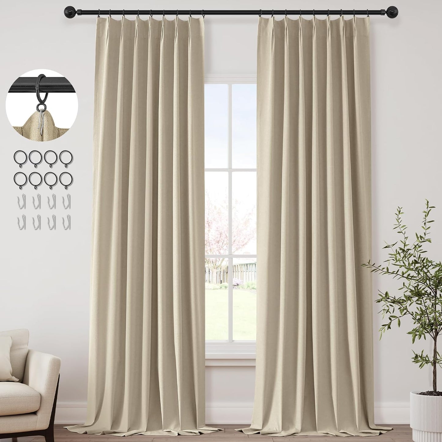 ChrisDowa Terracotta Pinch Pleated Blackout Linen Curtains 102 Inch Long 2 Panels for Living Room Bedroom Farmhouse Room darking Thermal Insulated Back Tab Hooks Rings Window Treatment Drapes,40x102