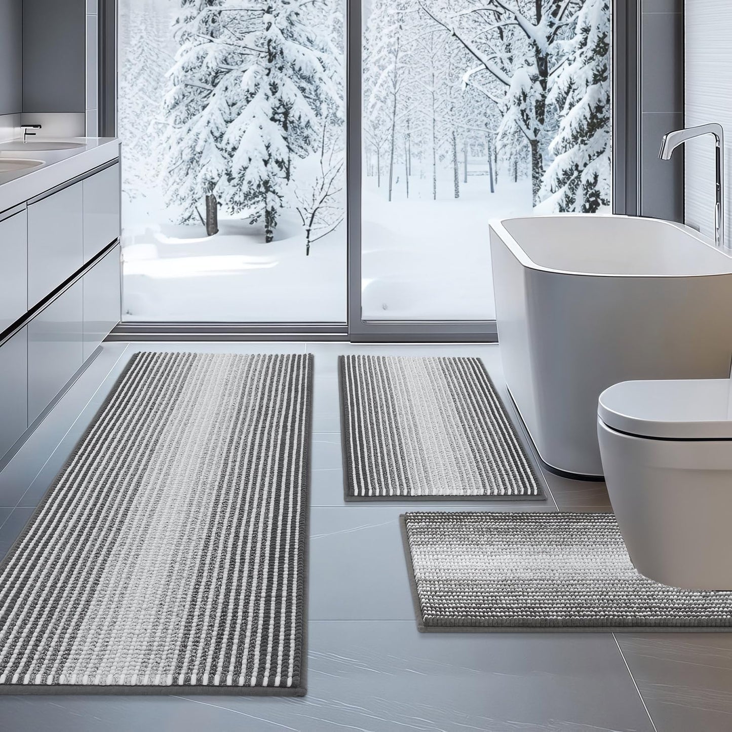 BSICPRO Bathroom Rugs Sets 3 Piece, Toilet Rugs U-Shaped Contour Bath Mat Set, Long Striped Absorbent Non Slip Chenille Shower Mat, Sage