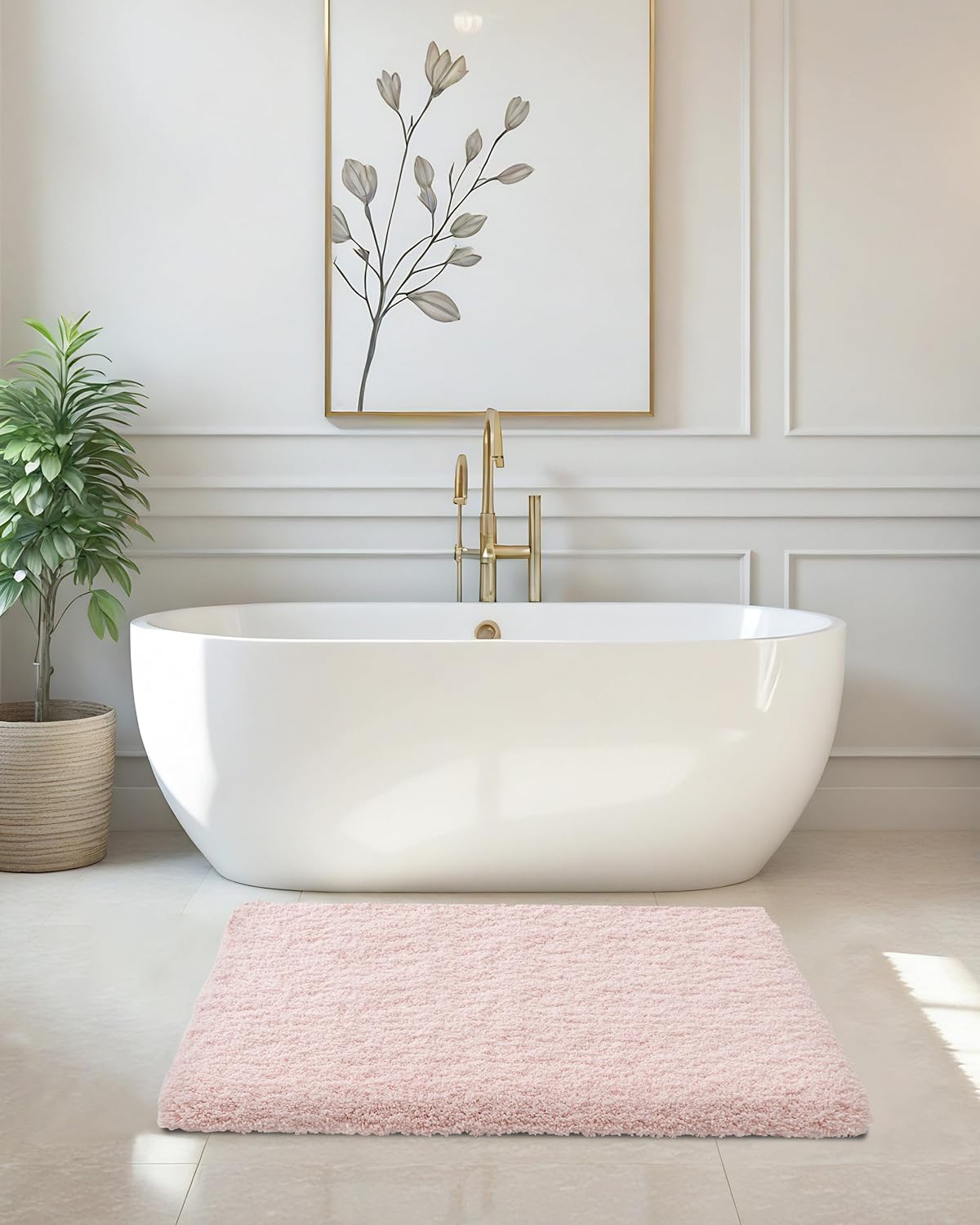 ILANGO Pink Bathroom Rugs 36" × 24" Non Slip & Super Absorbent Extra Thick Soft, Washable Bath Mat for Floor, Non Shedding Microfiber Plush Shaggy Bath Rug with Rubber for Bathtub Shower Room Sink