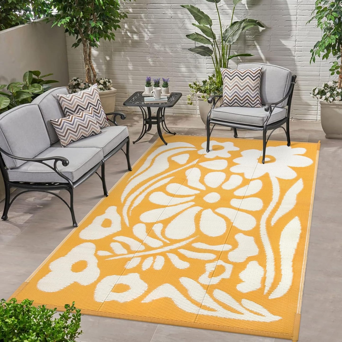 Uphome Outdoor Rug Mat Waterproof 5x8 ft, Reversible Outdoor Plastic Straw Rug, Orange Floral Patio Rug, Foldable RV Camping Rug, Indoor Outdoor Area Rug for Backyard Deck Pool Balcony Picnic, 5'x8'