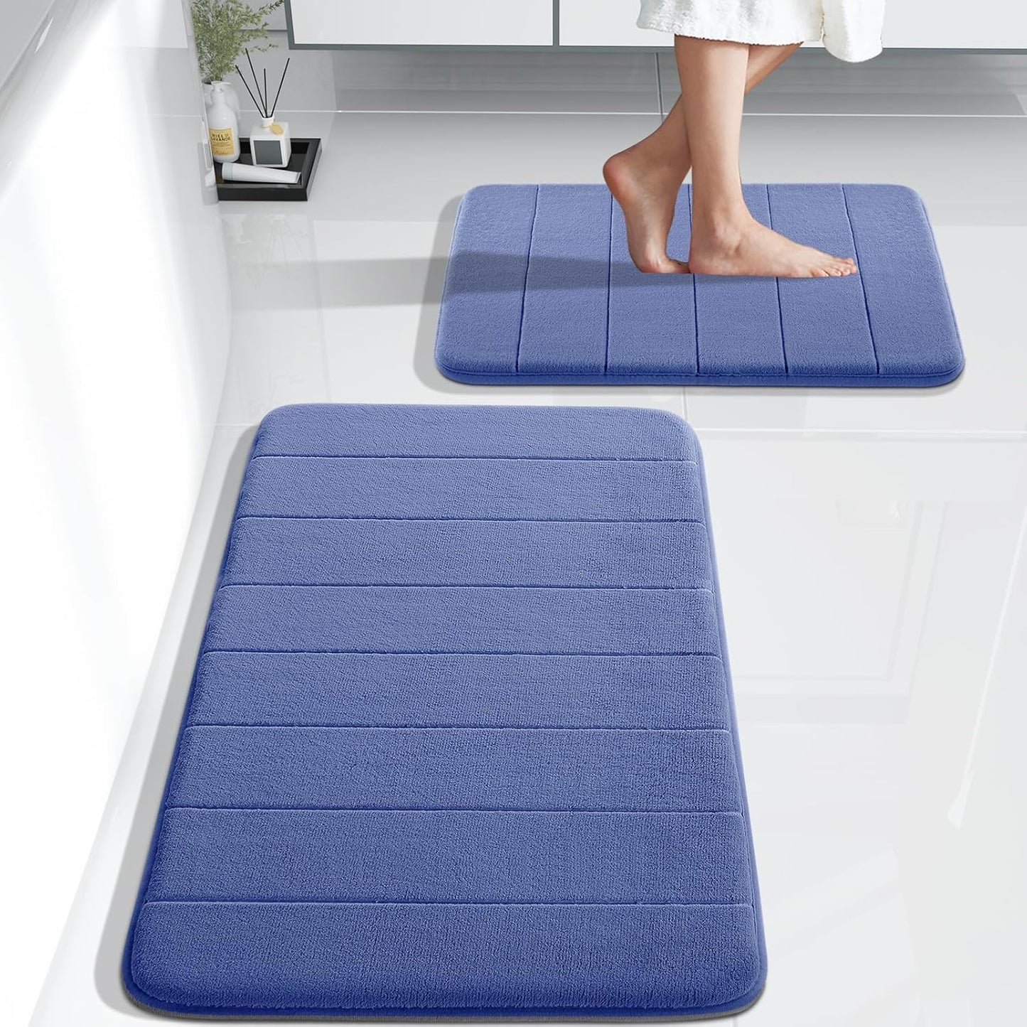 Yimobra Large Bath Mat Set 2 Piece- Super Soft Absorbent Quick Dry Memory Foam Bathroom Rugs, Machine Washable Non Slip Floor Carpet for Tub Shower & Double Vanity (17x24 & 44x24, Gray)