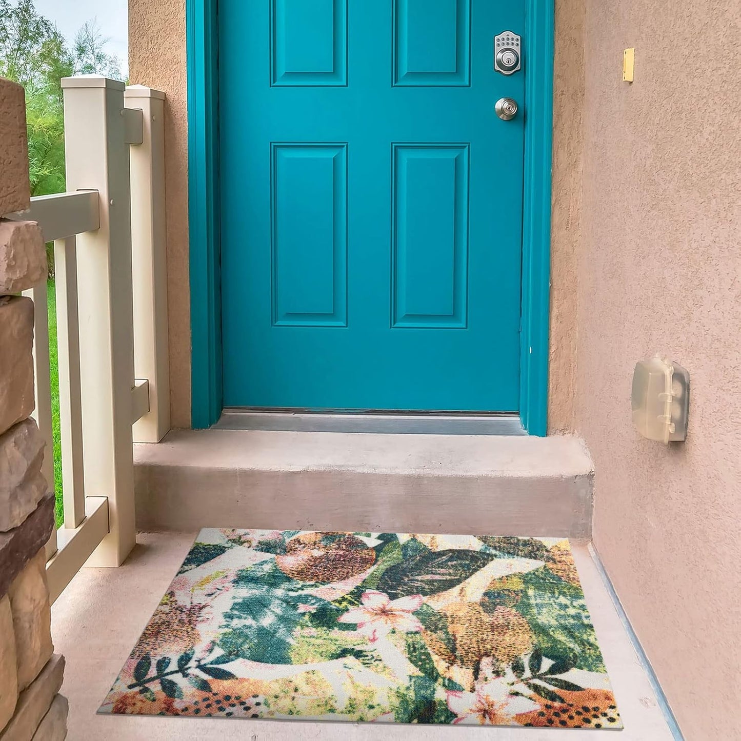 DECOMALL Outdoor Rugs for Patio Deck Porch Balcony Backyard, Green Blue Flower, 5'x7'
