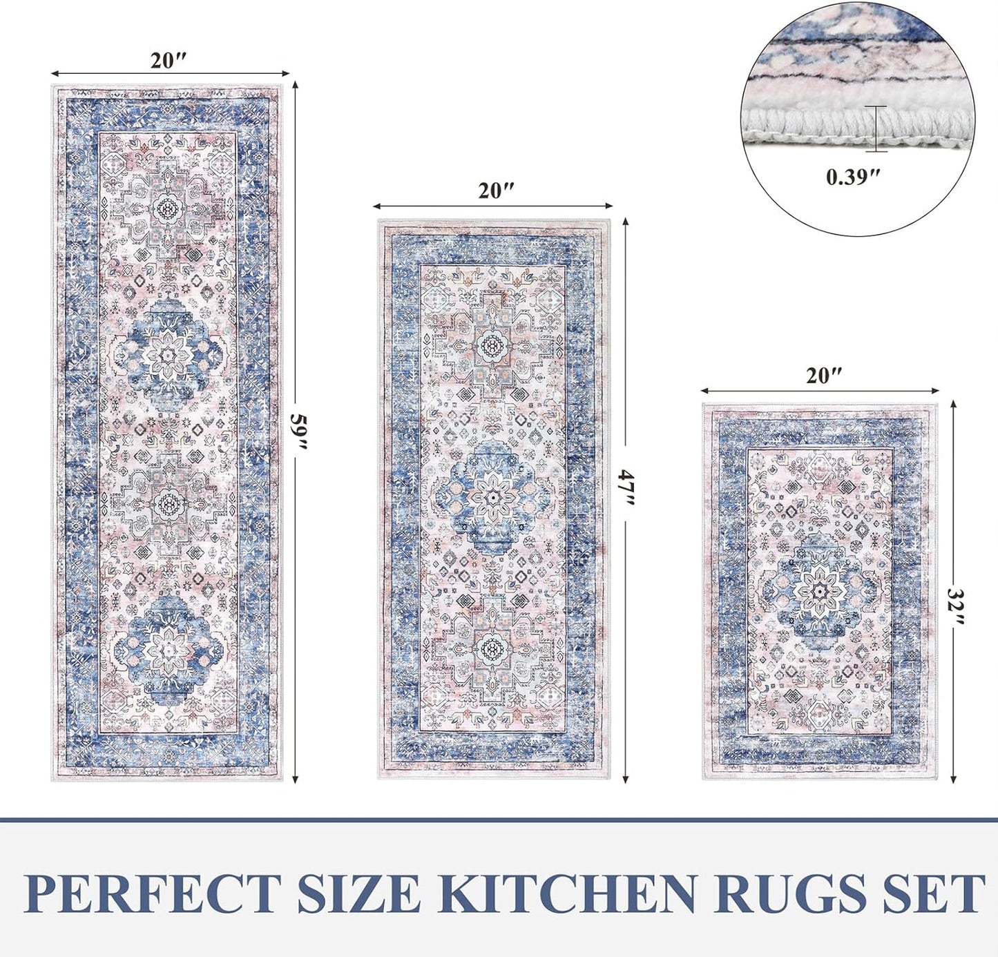 Pauwer Kitchen Mats for Floor 3 Piece Set Boho Non Slip Kitchen Rugs Washable Farmhouse Kitchen Floor Mats Thick Long Kitchen Throw Area Rug Carpet Runner for Hallway Entryway Laundry Bathroom, Blue