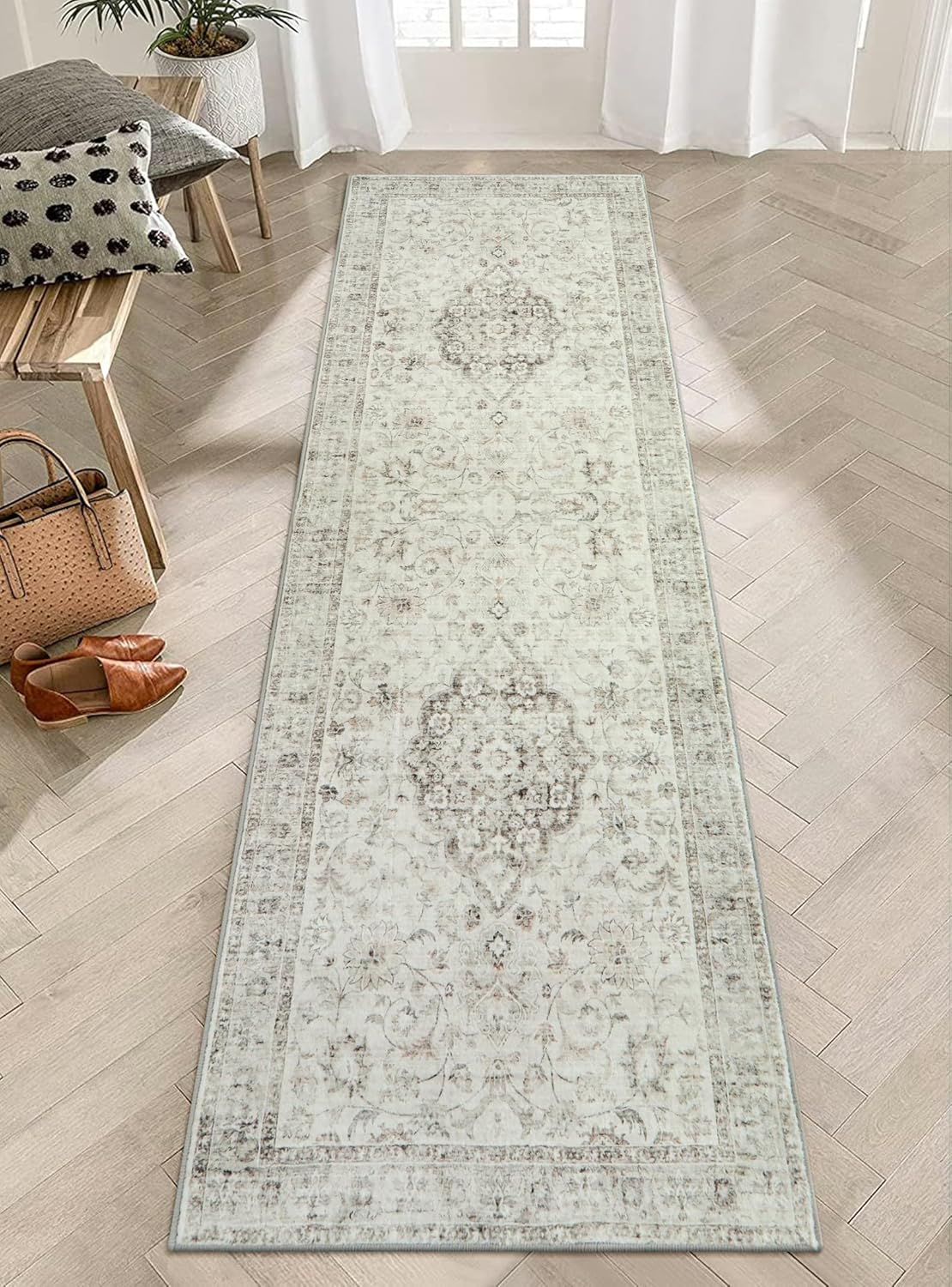 LIVEBOX Washable 2x6 Runner Rug for Bathroom, Non Slip Kitchen Mats for Floor Entryway, Boho Indoor Front Door Mat Low-Pile Runners for Hallways, Farmhouse Rugs for Laundry, Sage Green