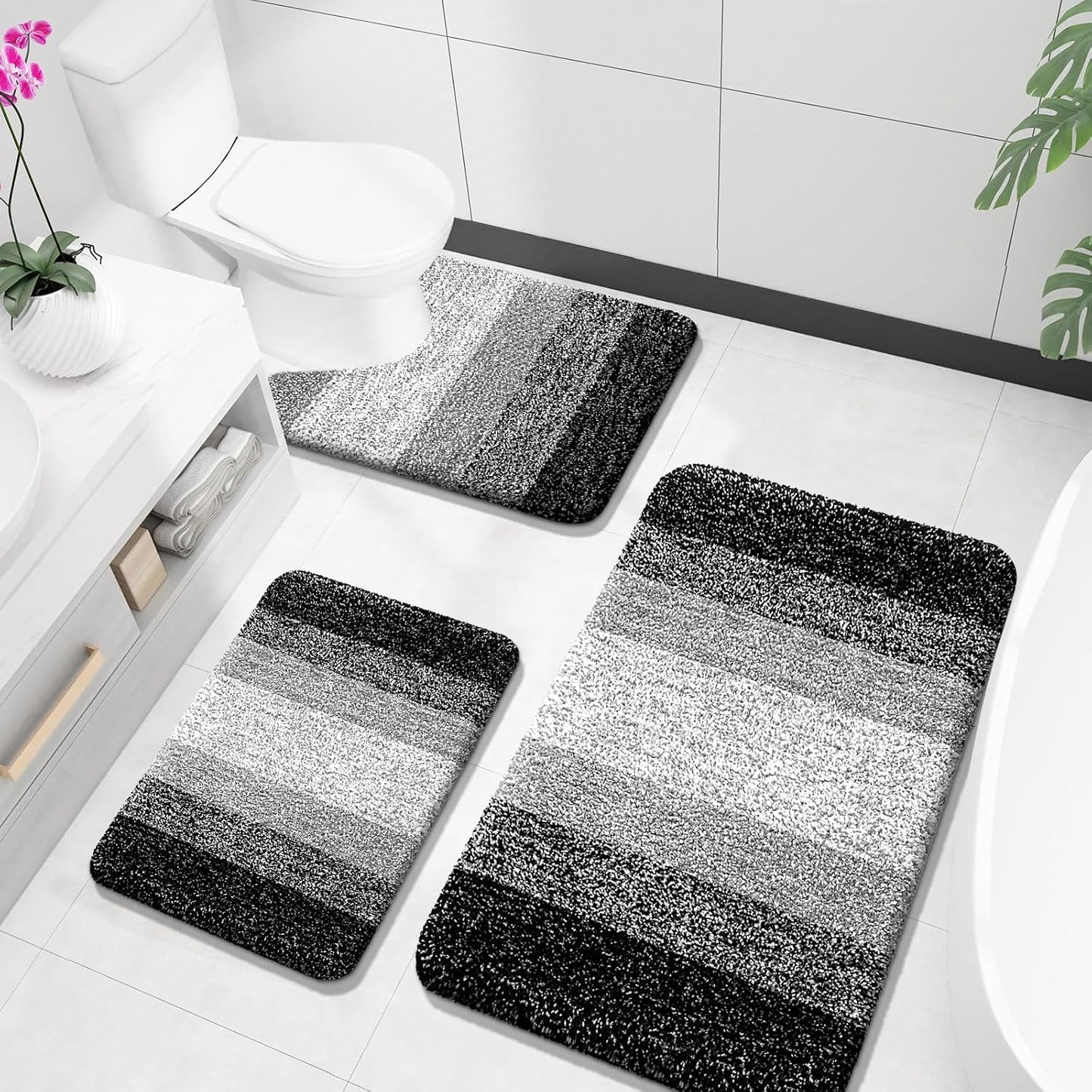 OLANLY Bathroom Rugs Sets 3 Piece, Soft Absorbent Microfiber Bath Mats and U-Shaped Contour Toilet Rug, Plush Shaggy Bath Mat Set for Bathroom (30"x20"+24"x16"+24"x20", Blackish Green)