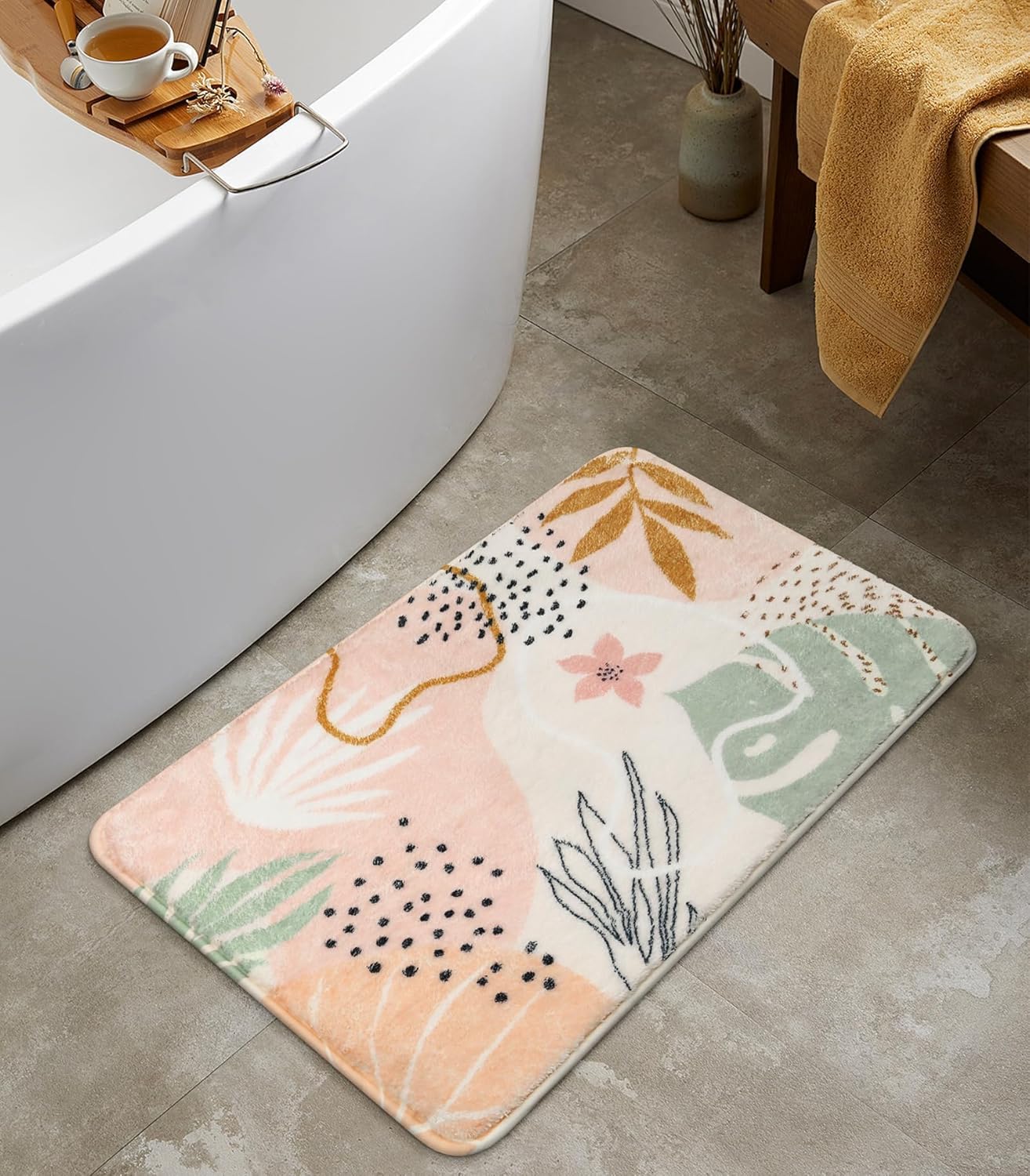 Uphome Sage Green Bathroom Rug Set, Cute Abstract Plant Bath Mat Set, Non Slip Machine Washable Bath Rugs, Soft Velvet Small Bathroom Mat, Mid Centry Aesthetic Botanical Floor Mats for Tub Sink Shower