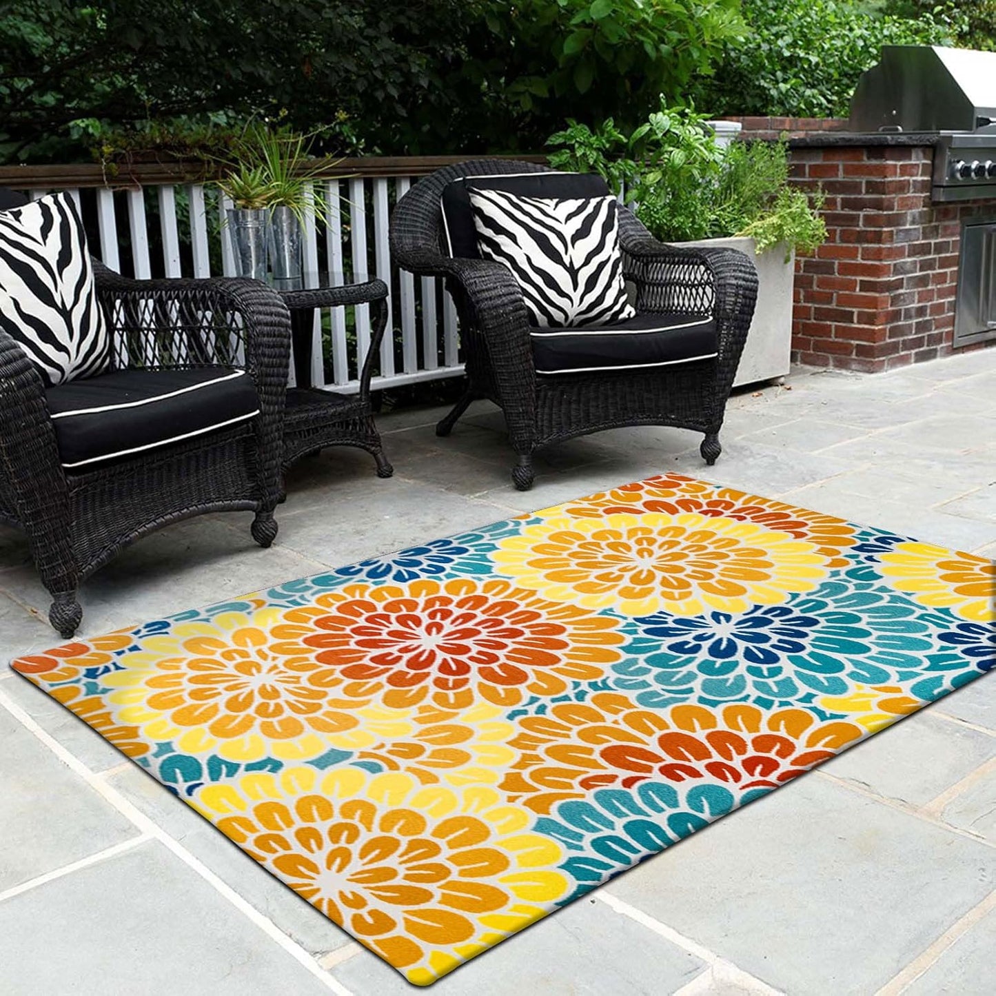 DECOMALL Outdoor Rugs for Patio Deck Porch Balcony Backyard, Green Blue Flower, 5'x7'