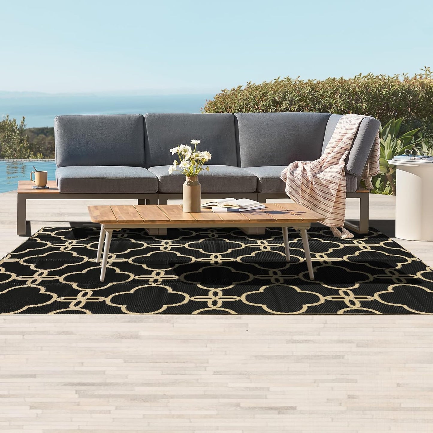 Ashler Outdoor Rug, Outdoor Plastic Straw Rug, 5x8 Reversible Sage Green Patio Mat, Flower Modern Design for RV, Backyard, Deck, Camping, Picnic, Spring, Summer, Durable & Weather-Resistant Area Rug