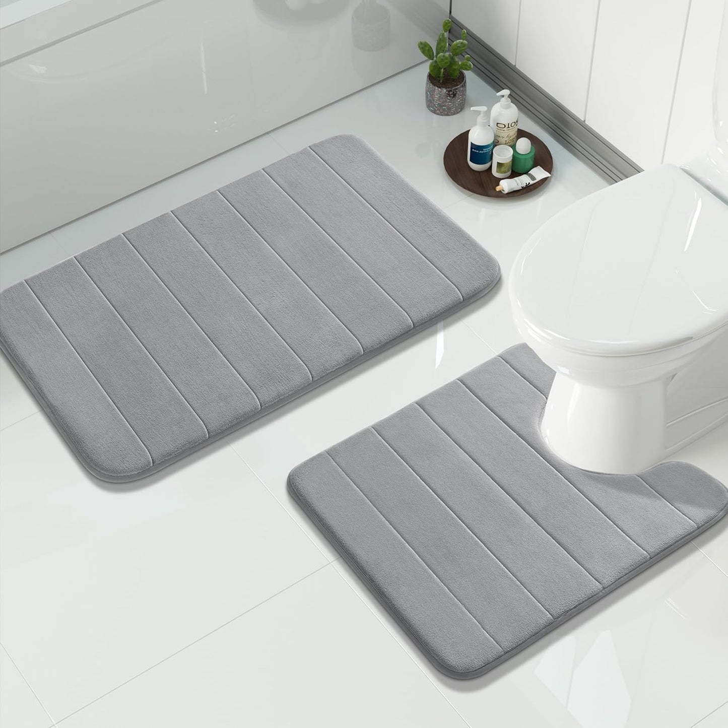 Yimobra Large Bath Mat Set 2 Piece- Super Soft Absorbent Quick Dry Memory Foam Bathroom Rugs, Machine Washable Non Slip Floor Carpet for Tub Shower & Double Vanity (17x24 & 44x24, Gray)