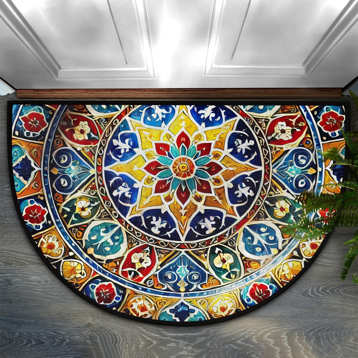 Pardick Boho Flower Half Round Doormat Ethnic Floral Semi Circle Area Rug Non Slip Indoor Outdoor Entrance Half Moon Rug Absorbent Durable Washable Front Floor Mat for Kitchen Bedroom Patio Fireplace