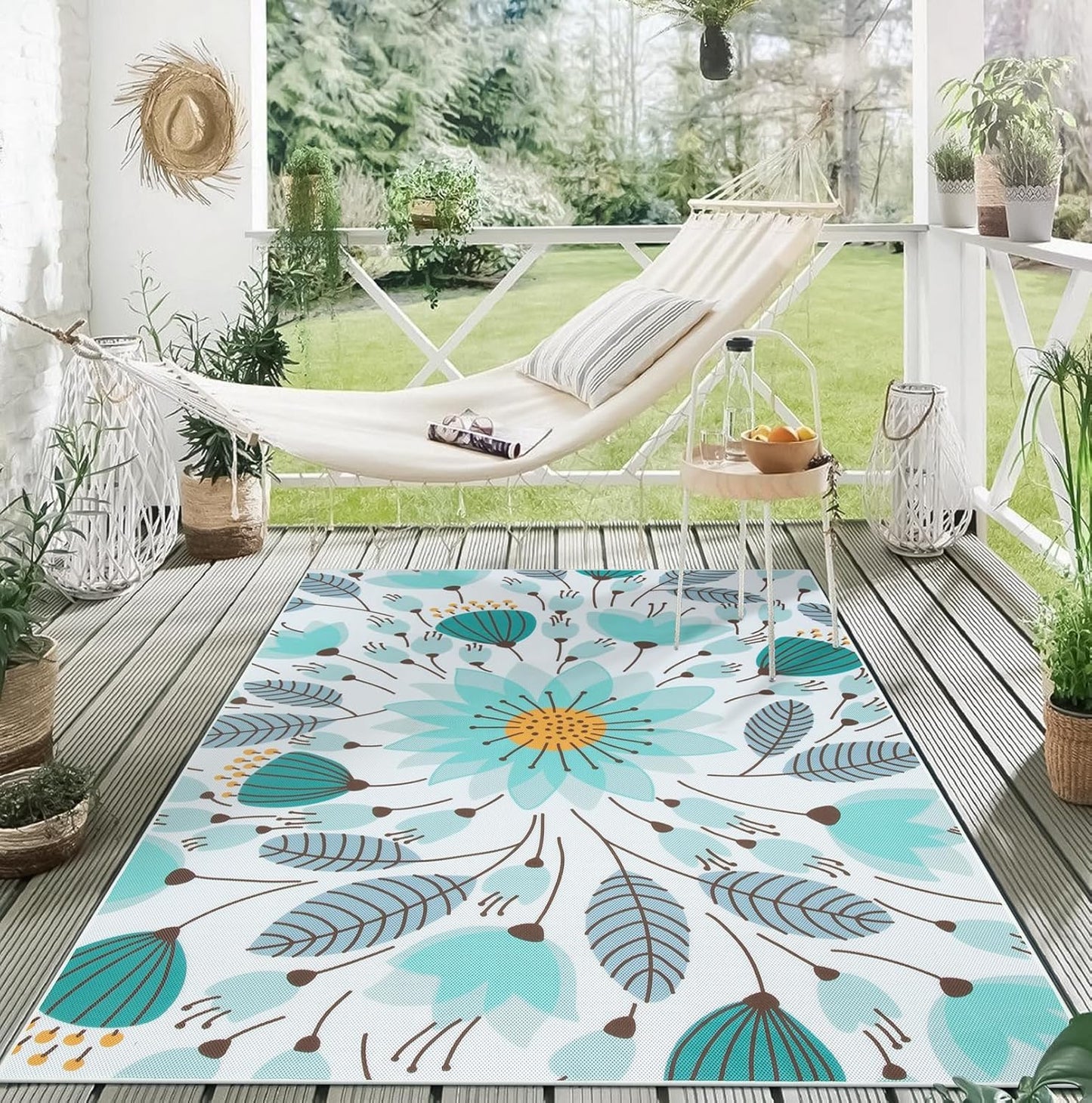Uphome Blue Floral Patio Rug 6x9 ft, Breathable & Quick Drying Outdoor Rug Carpet, Non-Slip Washable RV Camping Mat, Flower Indoor Outdoor Area Rug for Backyard Garden Deck Balcony Picnic, 6'x9'