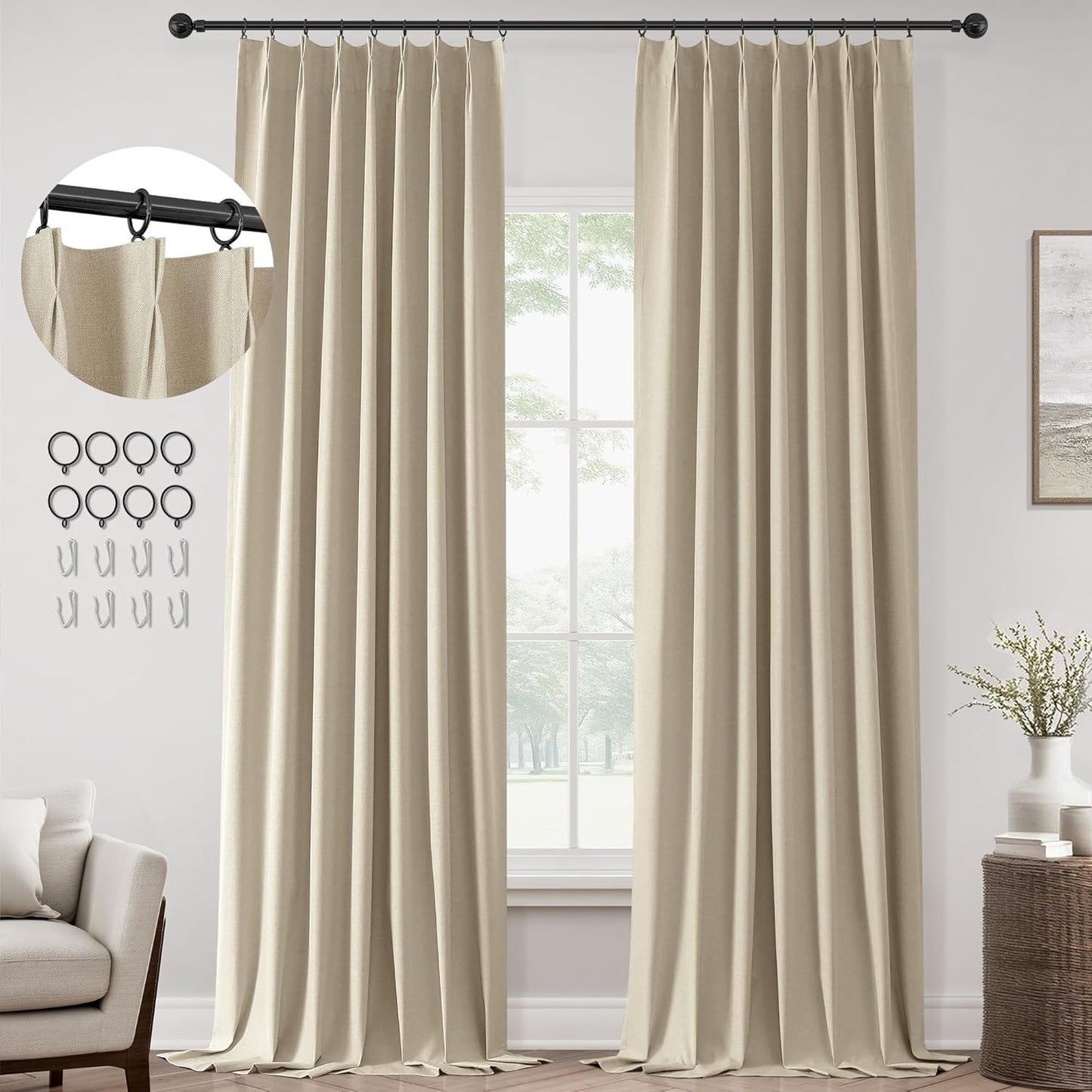 ChrisDowa Terracotta Pinch Pleated Blackout Linen Curtains 102 Inch Long 2 Panels for Living Room Bedroom Farmhouse Room darking Thermal Insulated Back Tab Hooks Rings Window Treatment Drapes,40x102
