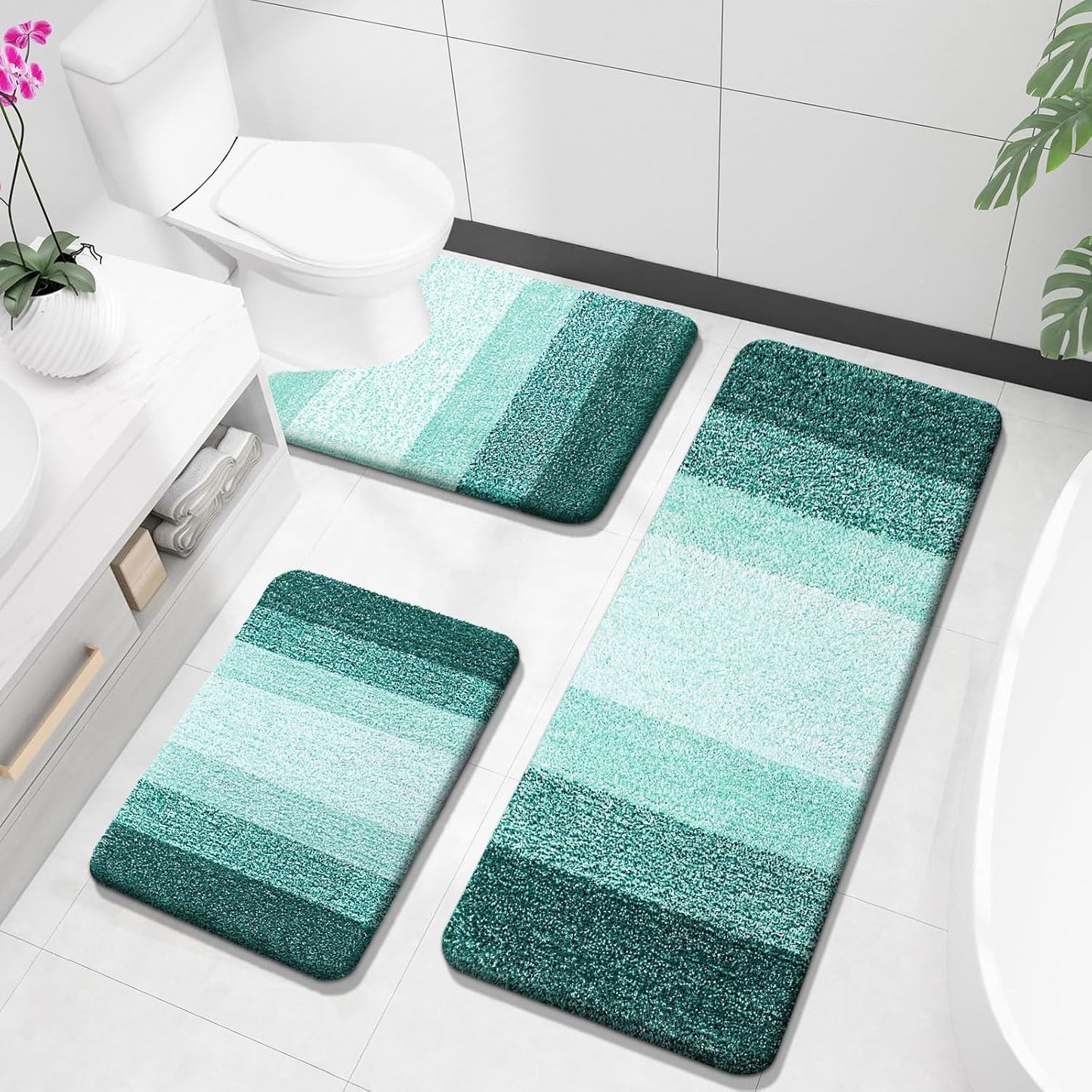 OLANLY Bathroom Rugs Sets 3 Piece, Soft Absorbent Microfiber Bath Mats and U-Shaped Contour Toilet Rug, Plush Shaggy Bath Mat Set for Bathroom (30"x20"+24"x16"+24"x20", Blackish Green)