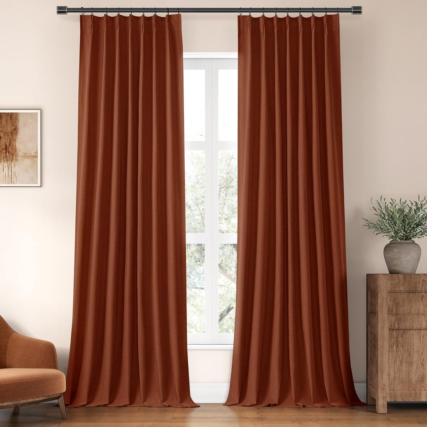 ChrisDowa Terracotta Pinch Pleated Blackout Linen Curtains 102 Inch Long 2 Panels for Living Room Bedroom Farmhouse Room darking Thermal Insulated Back Tab Hooks Rings Window Treatment Drapes,40x102