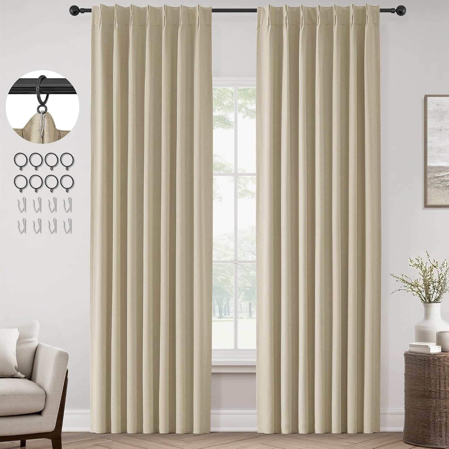 ChrisDowa Terracotta Pinch Pleated Blackout Linen Curtains 102 Inch Long 2 Panels for Living Room Bedroom Farmhouse Room darking Thermal Insulated Back Tab Hooks Rings Window Treatment Drapes,40x102