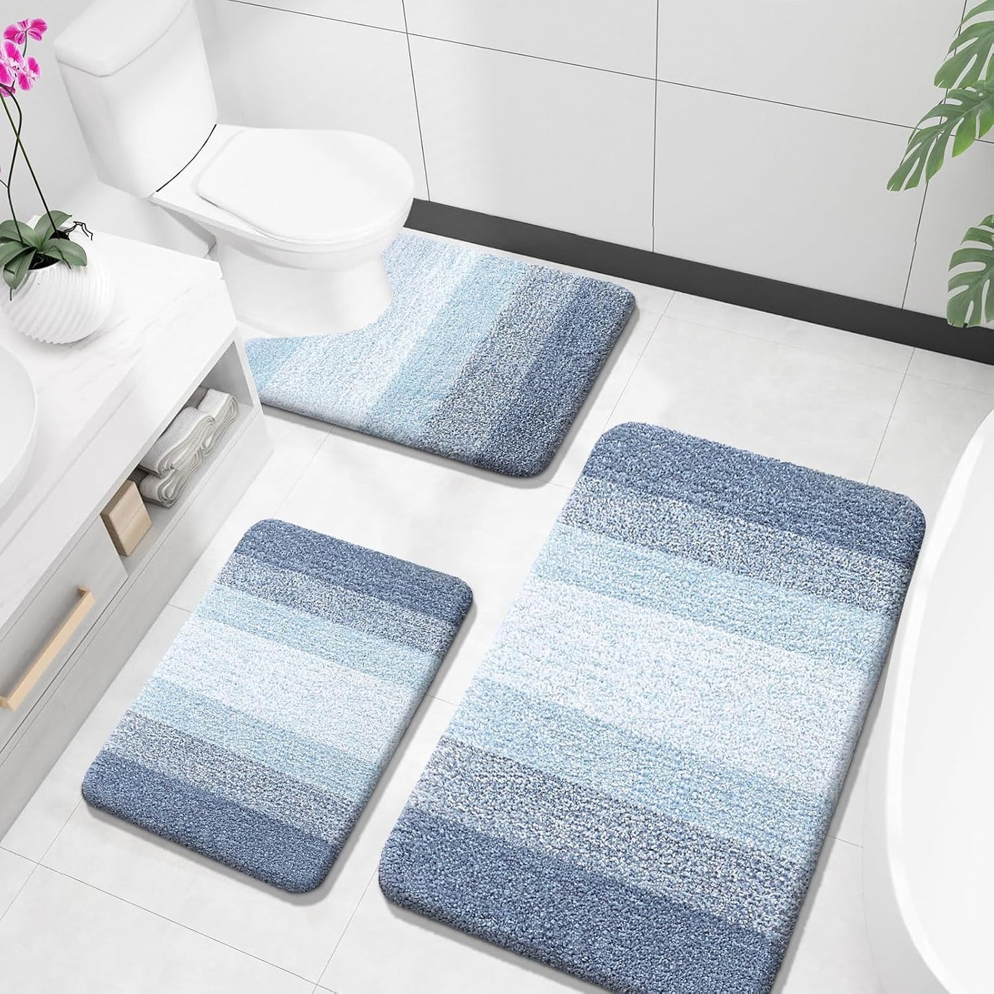 OLANLY Bathroom Rugs Sets 3 Piece, Soft Absorbent Microfiber Bath Mats and U-Shaped Contour Toilet Rug, Plush Shaggy Bath Mat Set for Bathroom (30"x20"+24"x16"+24"x20", Blackish Green)