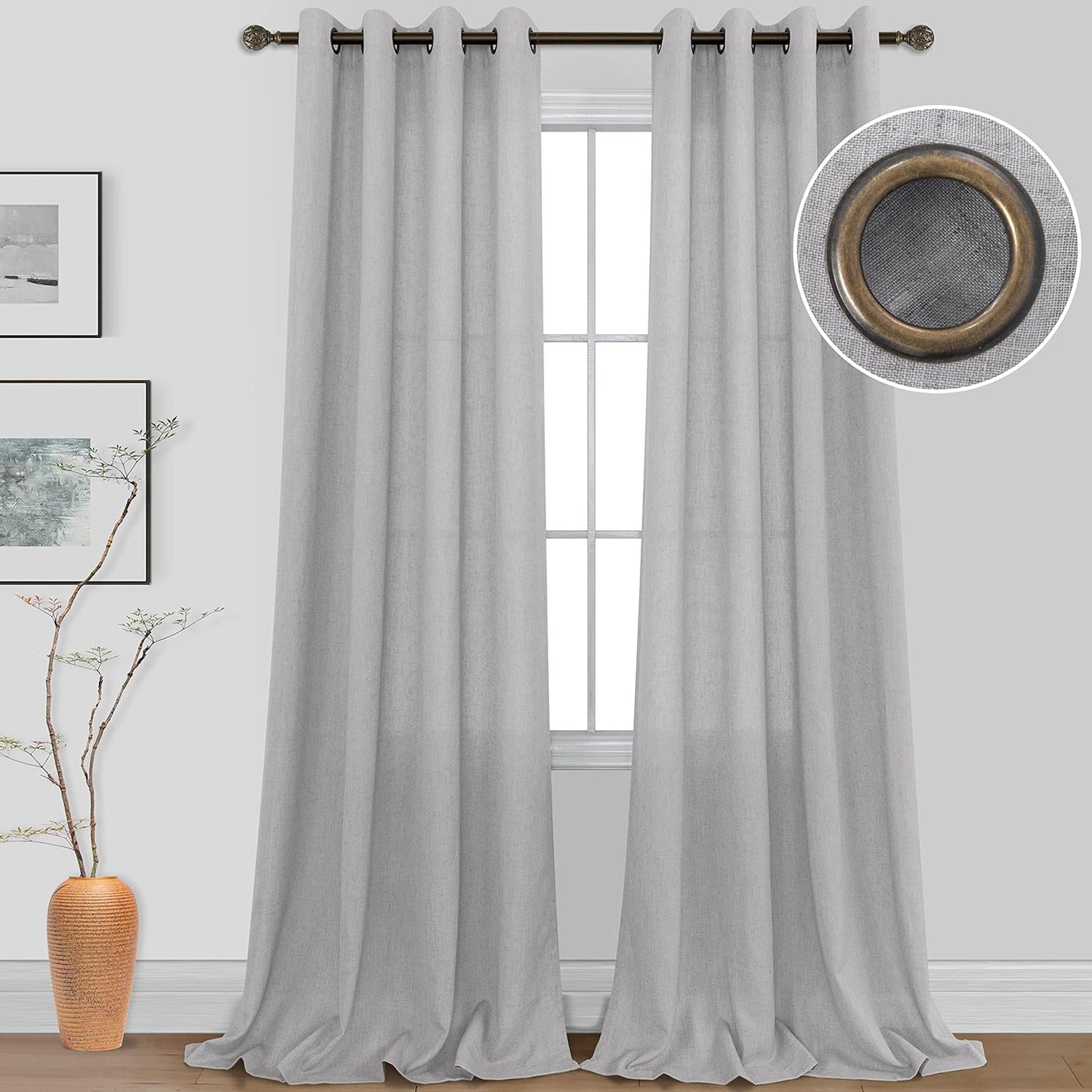 KOUFALL Beige Rustic Country Curtains for Living Room 84 Inches Long Flax Linen Bronze Grommet Tan Sand Color Solid Faux Linen Curtains for Bedroom Sliding Glass Patio Door 2 Panels