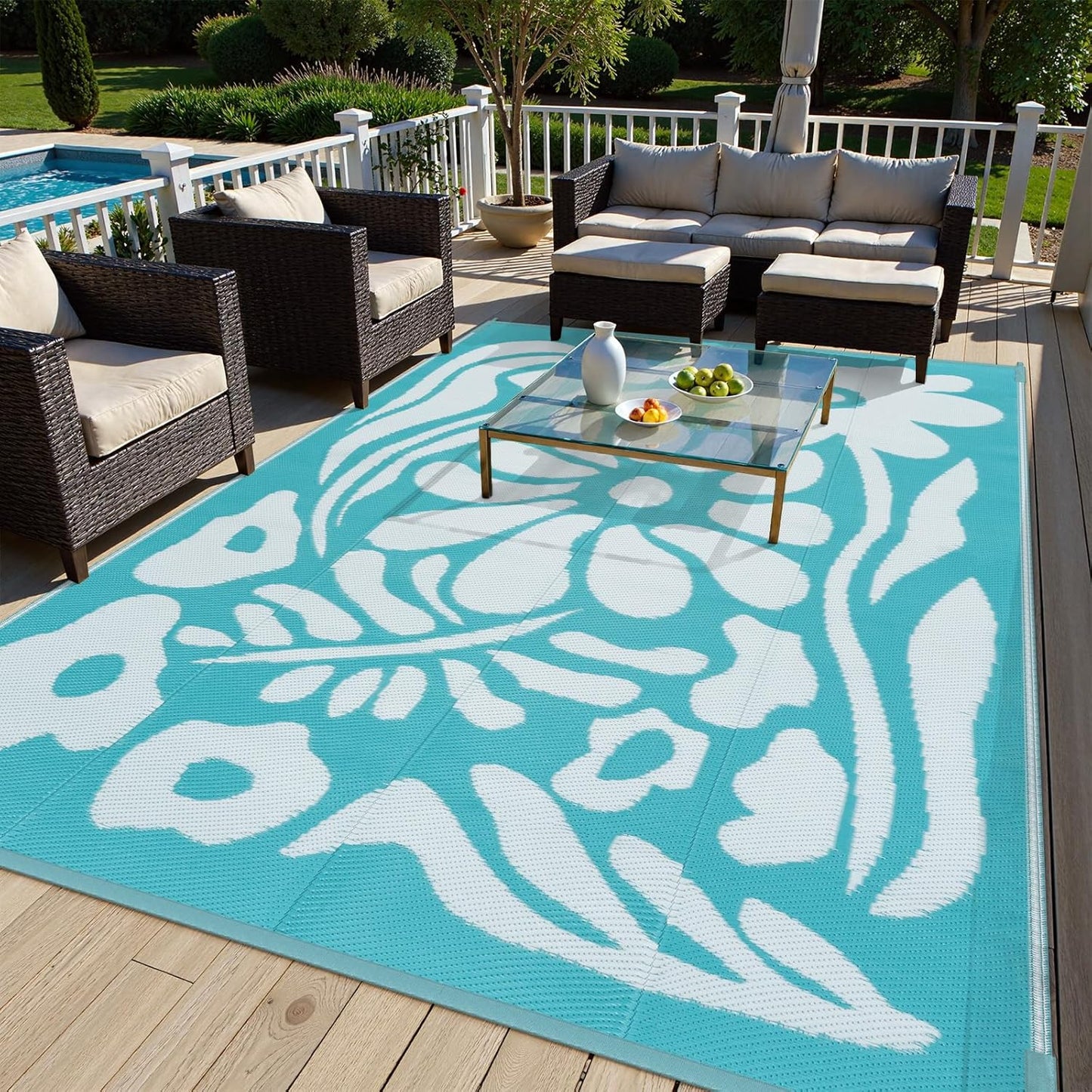 Uphome Outdoor Rug Mat Waterproof 5x8 ft, Reversible Outdoor Plastic Straw Rug, Orange Floral Patio Rug, Foldable RV Camping Rug, Indoor Outdoor Area Rug for Backyard Deck Pool Balcony Picnic, 5'x8'