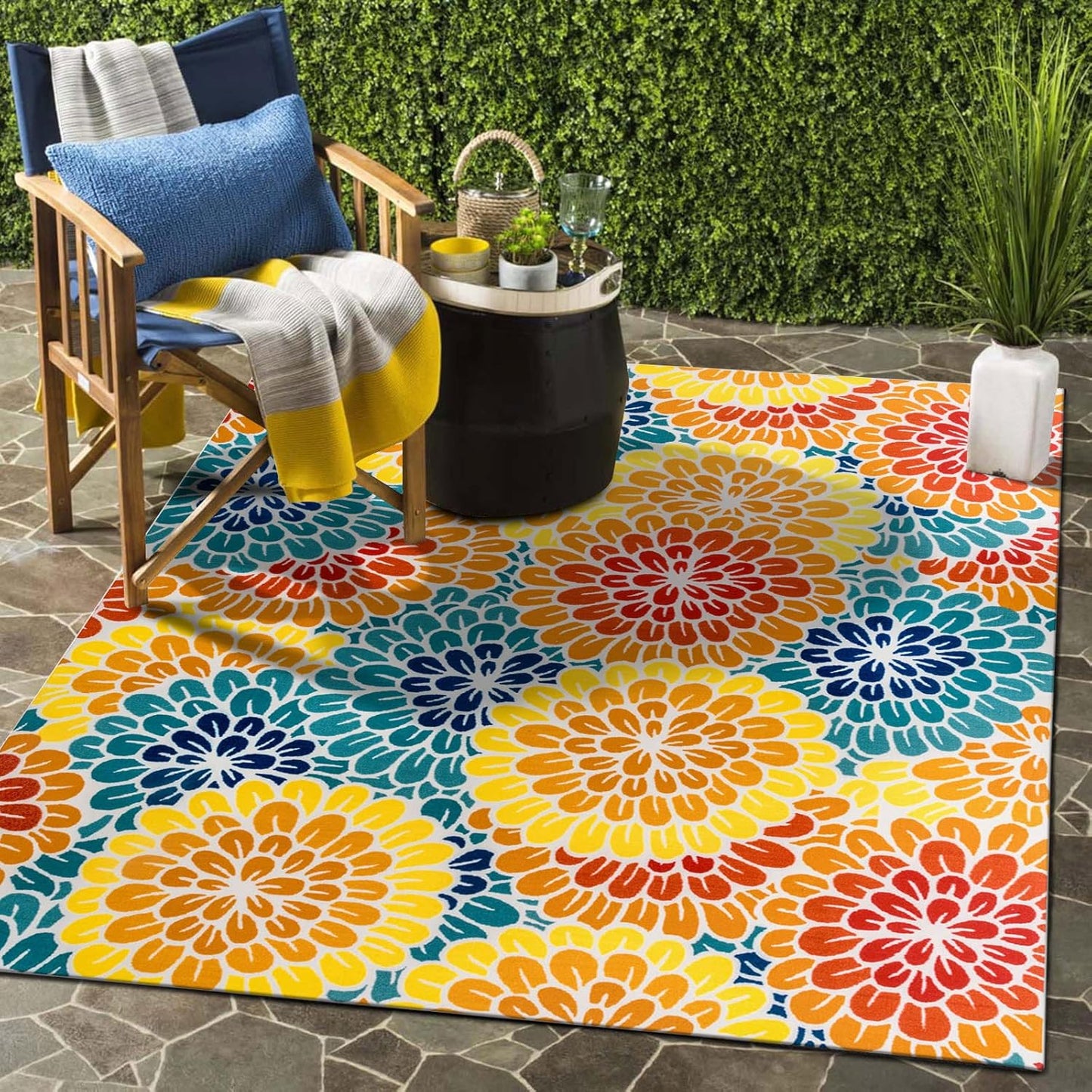 DECOMALL Outdoor Rugs for Patio Deck Porch Balcony Backyard, Green Blue Flower, 5'x7'