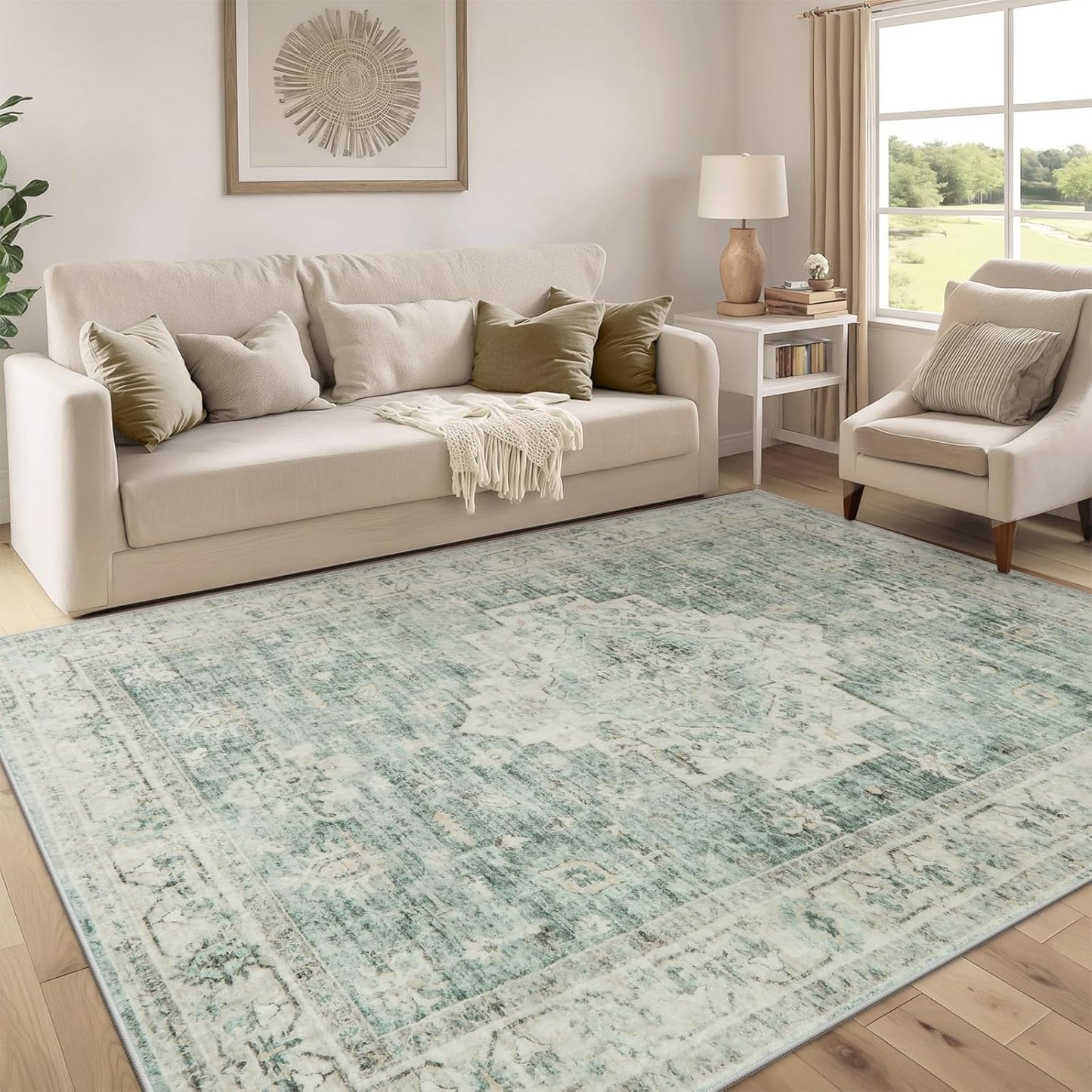 LIVEBOX Washable 2x6 Runner Rug for Bathroom, Non Slip Kitchen Mats for Floor Entryway, Boho Indoor Front Door Mat Low-Pile Runners for Hallways, Farmhouse Rugs for Laundry, Sage Green