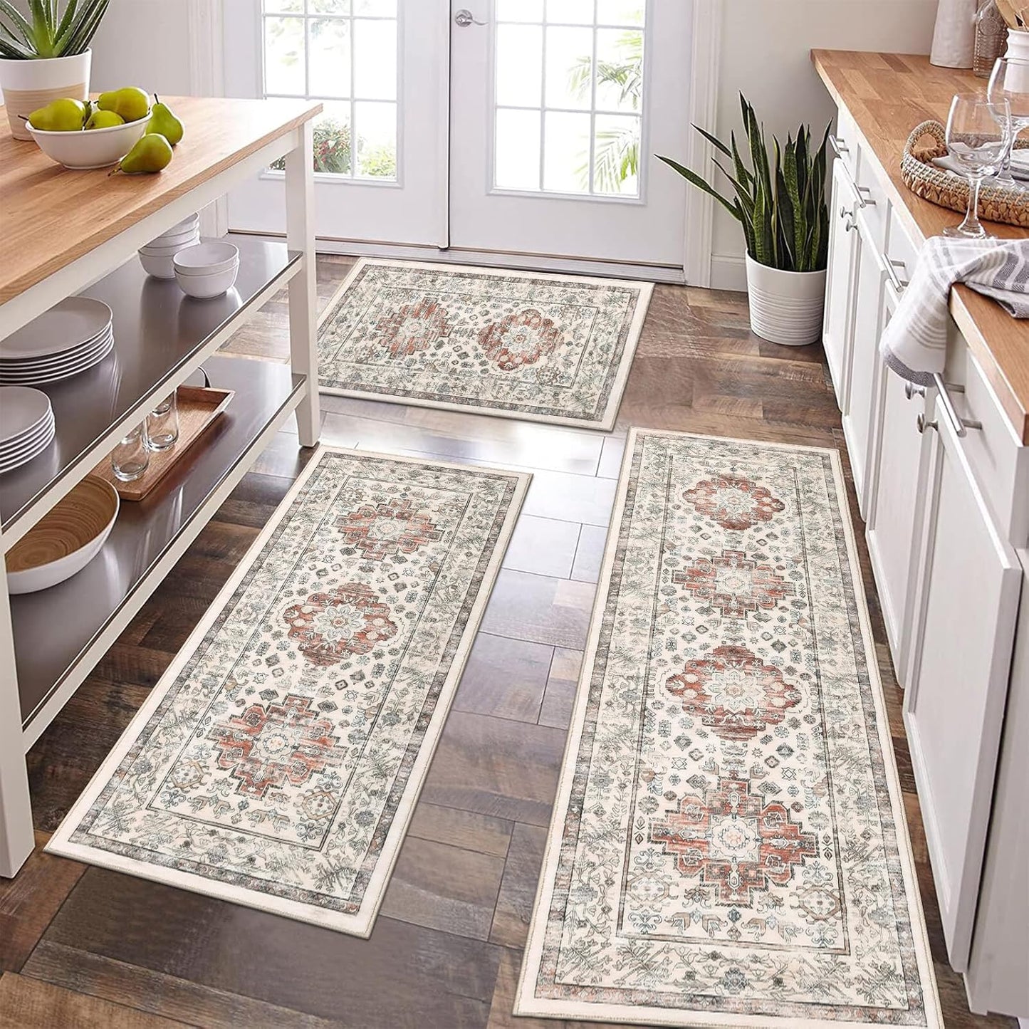 Pauwer Kitchen Mats for Floor 3 Piece Set Boho Non Slip Kitchen Rugs Washable Farmhouse Kitchen Floor Mats Thick Long Kitchen Throw Area Rug Carpet Runner for Hallway Entryway Laundry Bathroom, Blue