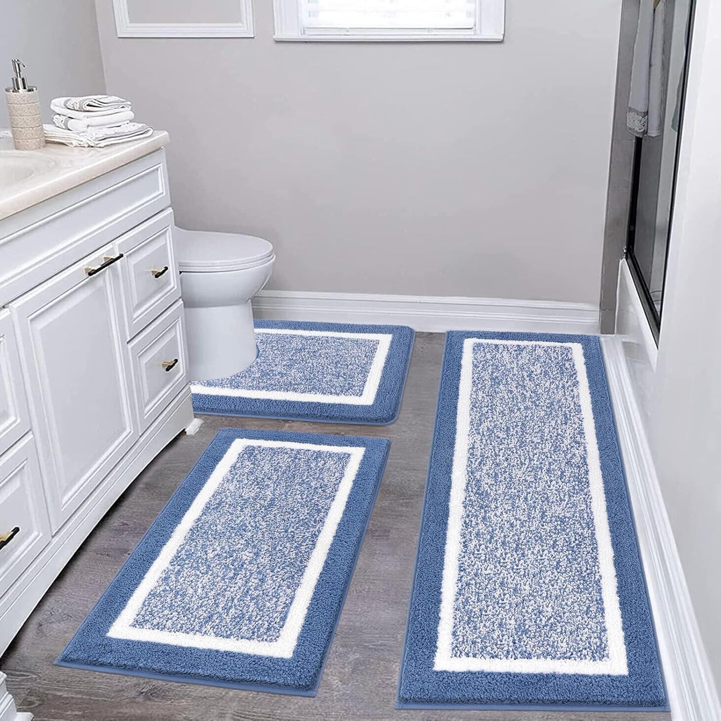 Pauwer Bathroom Rug Mat Set 3 Piece, Microfiber Shaggy Bath Set, Non-Slip Ultra Soft Carpet Mats, Absorbent with U-Shaped Toilet for Bathroom, Tub, Shower, Dark Grey