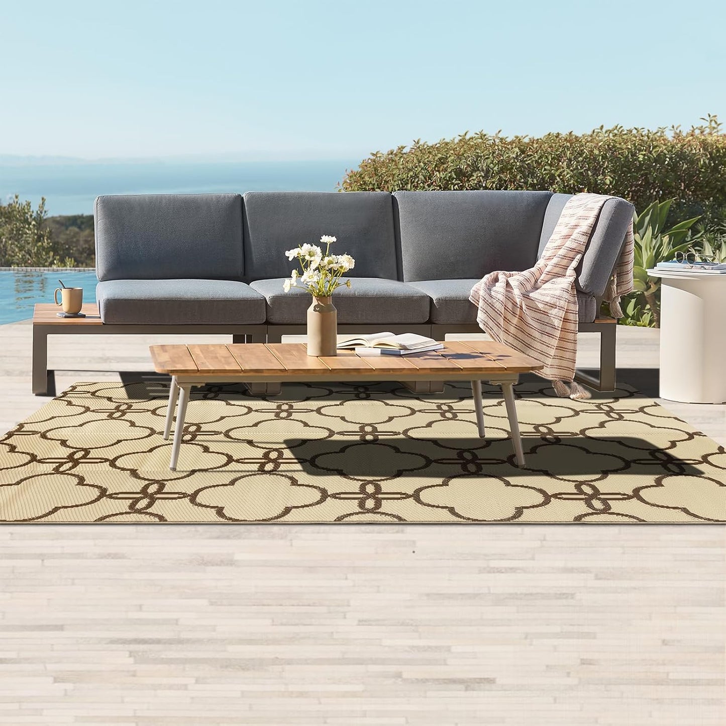 Ashler Outdoor Rug, Outdoor Plastic Straw Rug, 5x8 Reversible Sage Green Patio Mat, Flower Modern Design for RV, Backyard, Deck, Camping, Picnic, Spring, Summer, Durable & Weather-Resistant Area Rug
