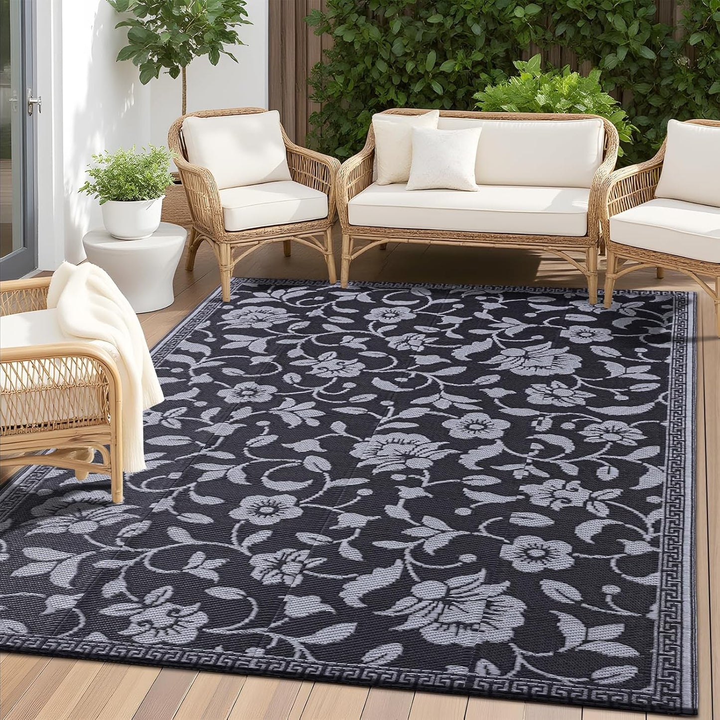 OLANLY Waterproof Outdoor Rug 5x8 ft, Outdoor Plastic Straw Rug with Flower Pattern, Reversible RV Mat for Patio, Camping, Balcony, Deck, Backyard, Black & White