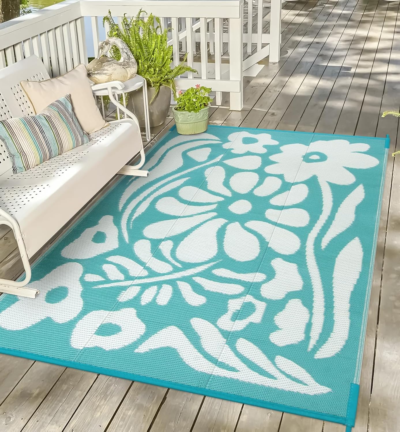 Uphome Outdoor Rug Mat Waterproof 5x8 ft, Reversible Outdoor Plastic Straw Rug, Orange Floral Patio Rug, Foldable RV Camping Rug, Indoor Outdoor Area Rug for Backyard Deck Pool Balcony Picnic, 5'x8'