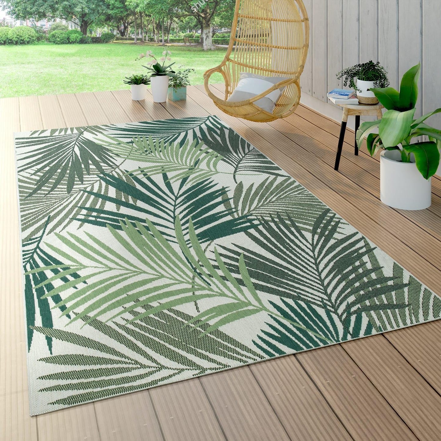 Indoor & Outdoor Rug Flat-Weave Jungle Floral Palm Trees Design Black Green, Size: 3'11" x 5'7"