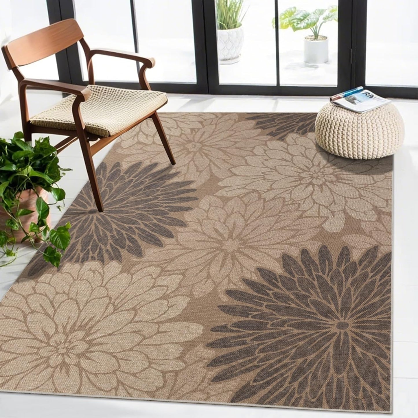 Floral Easy Jute Rug 5x7 Outdoor Patio Rug Washable Area Rugs for Living Room Bedroom Non Slip Neutral Farmhouse Indoor Outdoor Carpet for Backyard Patio Office