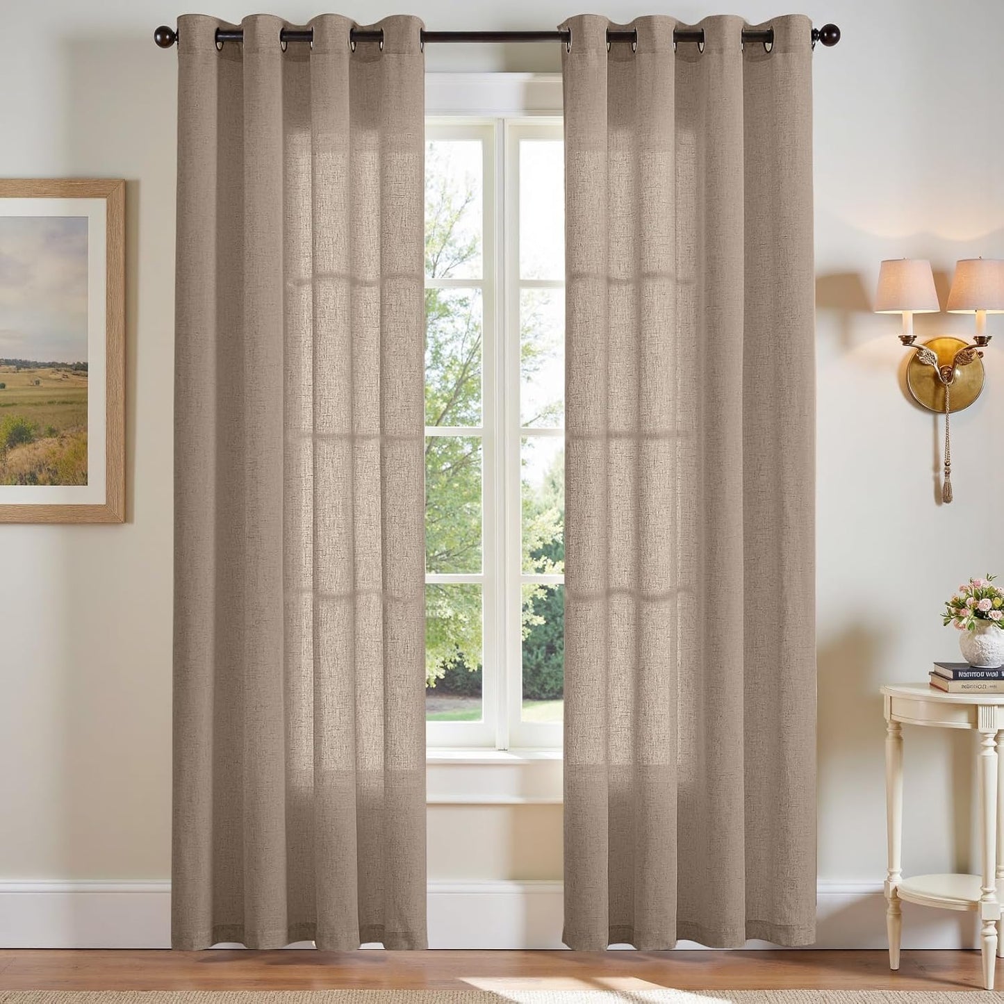jinchan Linen Blend Semi Sheer Curtains 50W x 84L Inch Beige for Bedroom Curtains Light Weight Soft Window Grommet Drapes 2-Panel Set