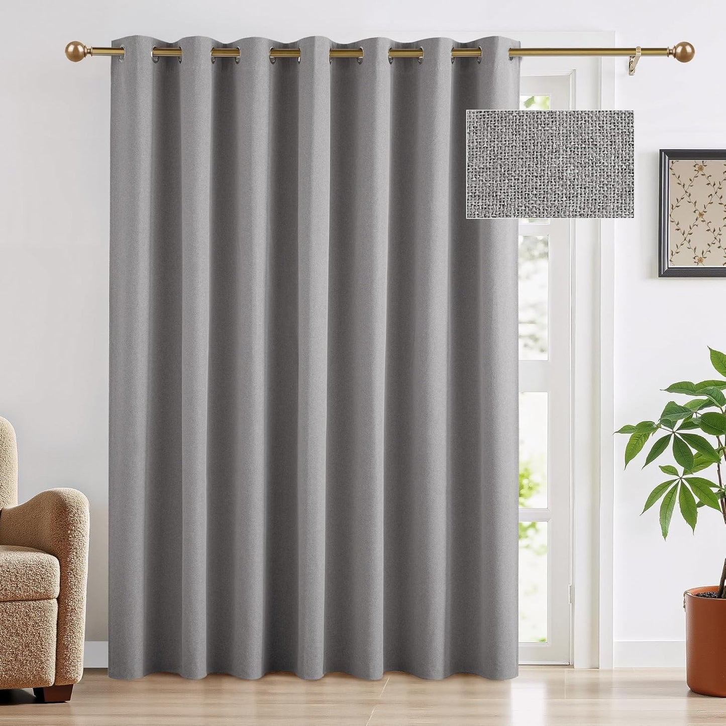 RYB HOME 100% Blackout Linen Curtains for Sliding Glass Doors, Extra Wide Thermal Insulated Privacy Curtains for Bedroom/Patio Door/Living Room/Open Closet, Room Divider, Linen, W100xL84, 1 Panel