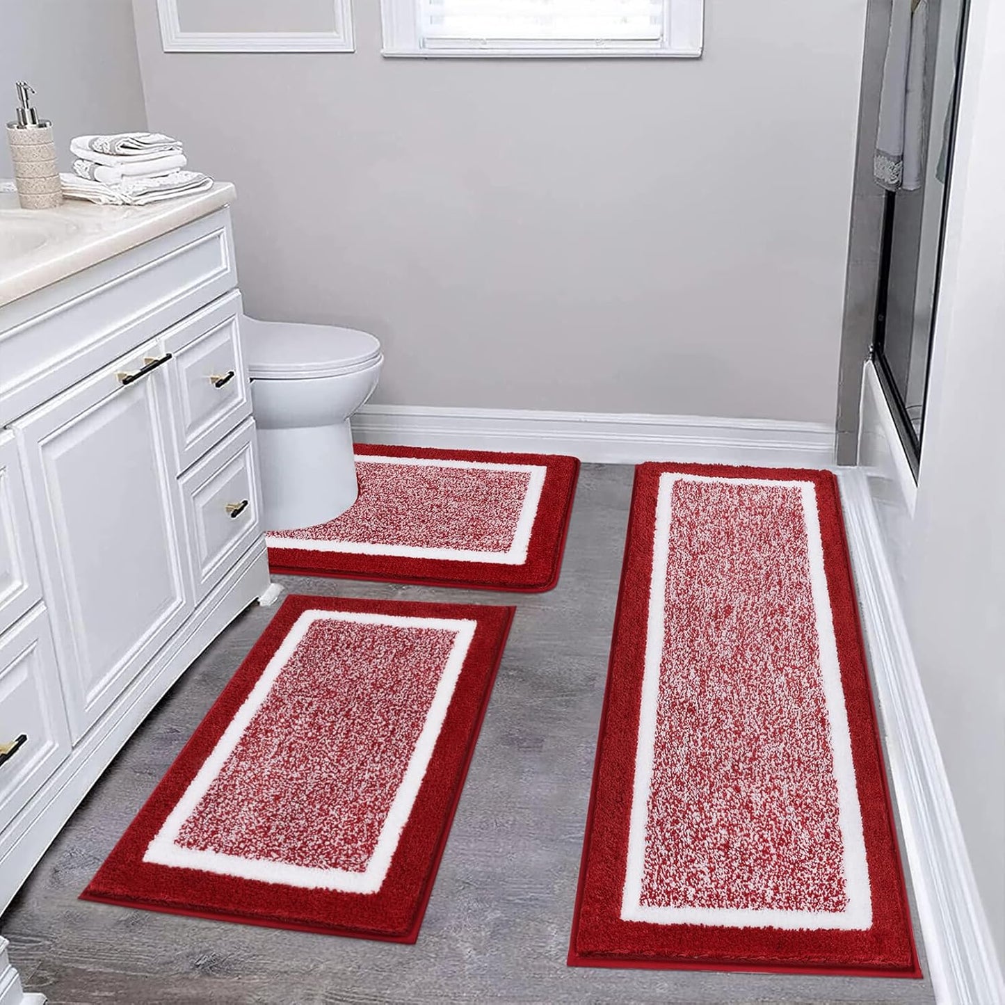 Pauwer Bathroom Rug Mat Set 3 Piece, Microfiber Shaggy Bath Set, Non-Slip Ultra Soft Carpet Mats, Absorbent with U-Shaped Toilet for Bathroom, Tub, Shower, Dark Grey