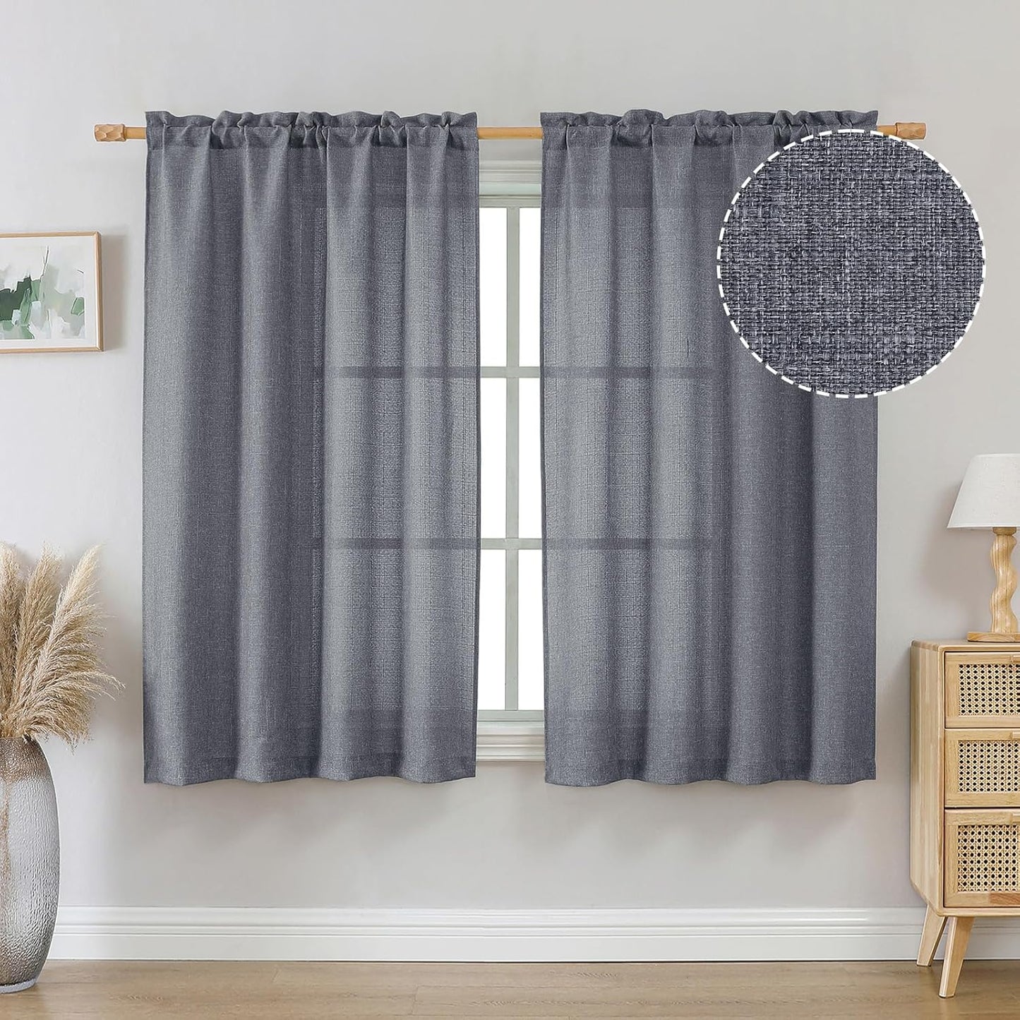 OVZME Light Grey Curtains 63 Inch Length 2 Panels, Faux Linen Textured Semi Light Filtering Drapes, Soft Airy Farmhouse Slub Window Curtains for Living Room Bedroom, Each 40x63 Inches
