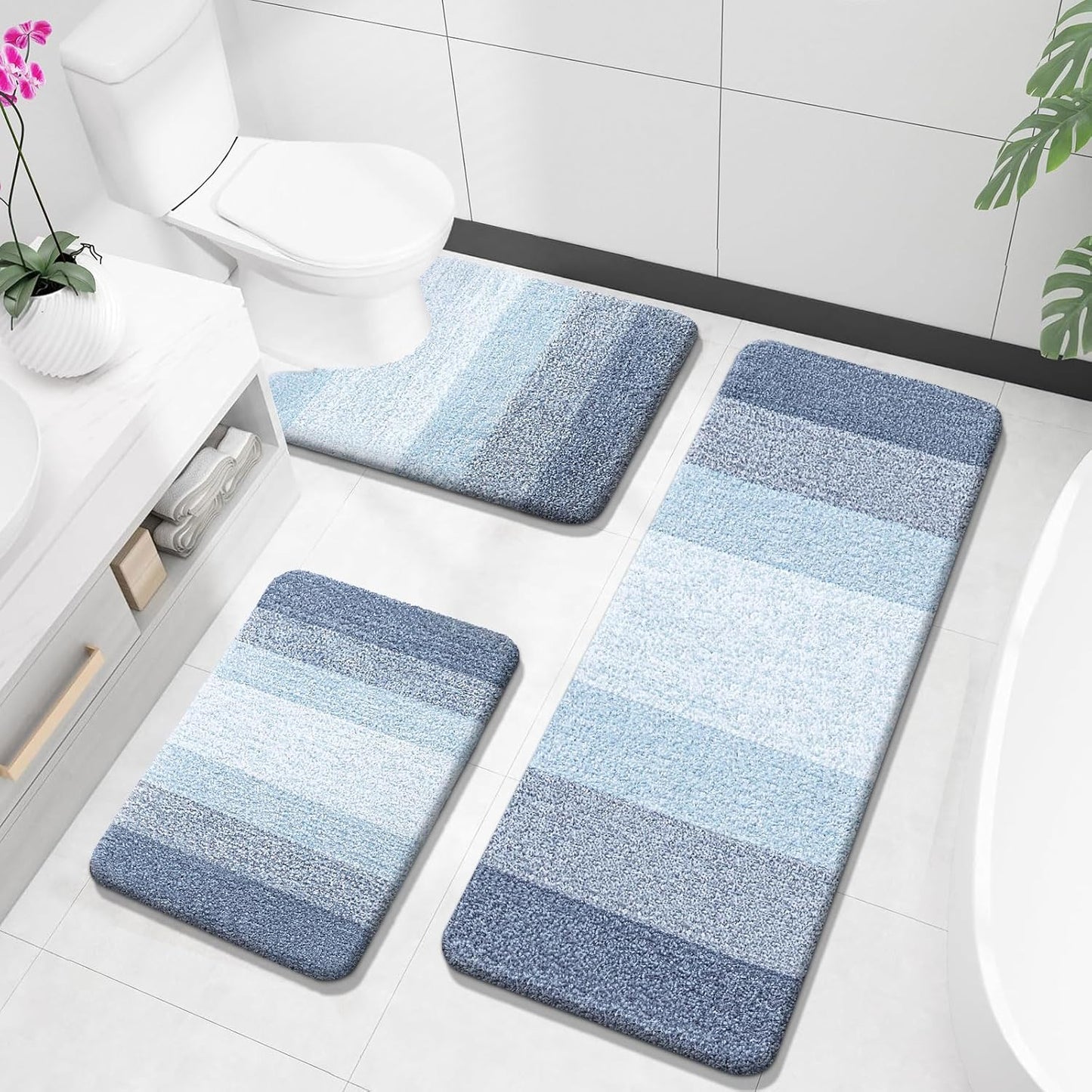OLANLY Bathroom Rugs Sets 3 Piece, Soft Absorbent Microfiber Bath Mats and U-Shaped Contour Toilet Rug, Plush Shaggy Bath Mat Set for Bathroom (30"x20"+24"x16"+24"x20", Blackish Green)