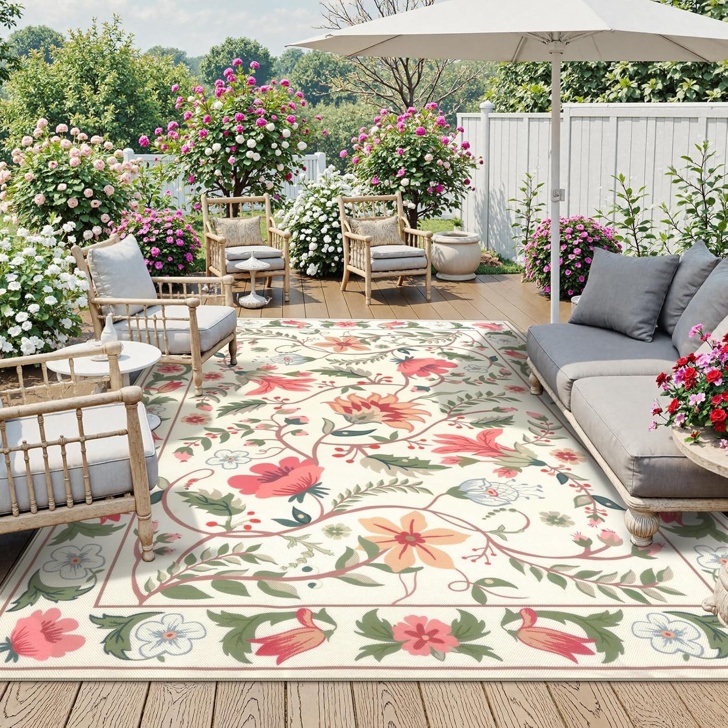 Uphome Indoor Outdoor Area Rug 6x9 ft, Large Floral Patio Rugs for RV Camping Outside, Washable Living Room Mat Non Slip, Breathable Floor Carpet for Bedroom Deck Porch Backyard, Black