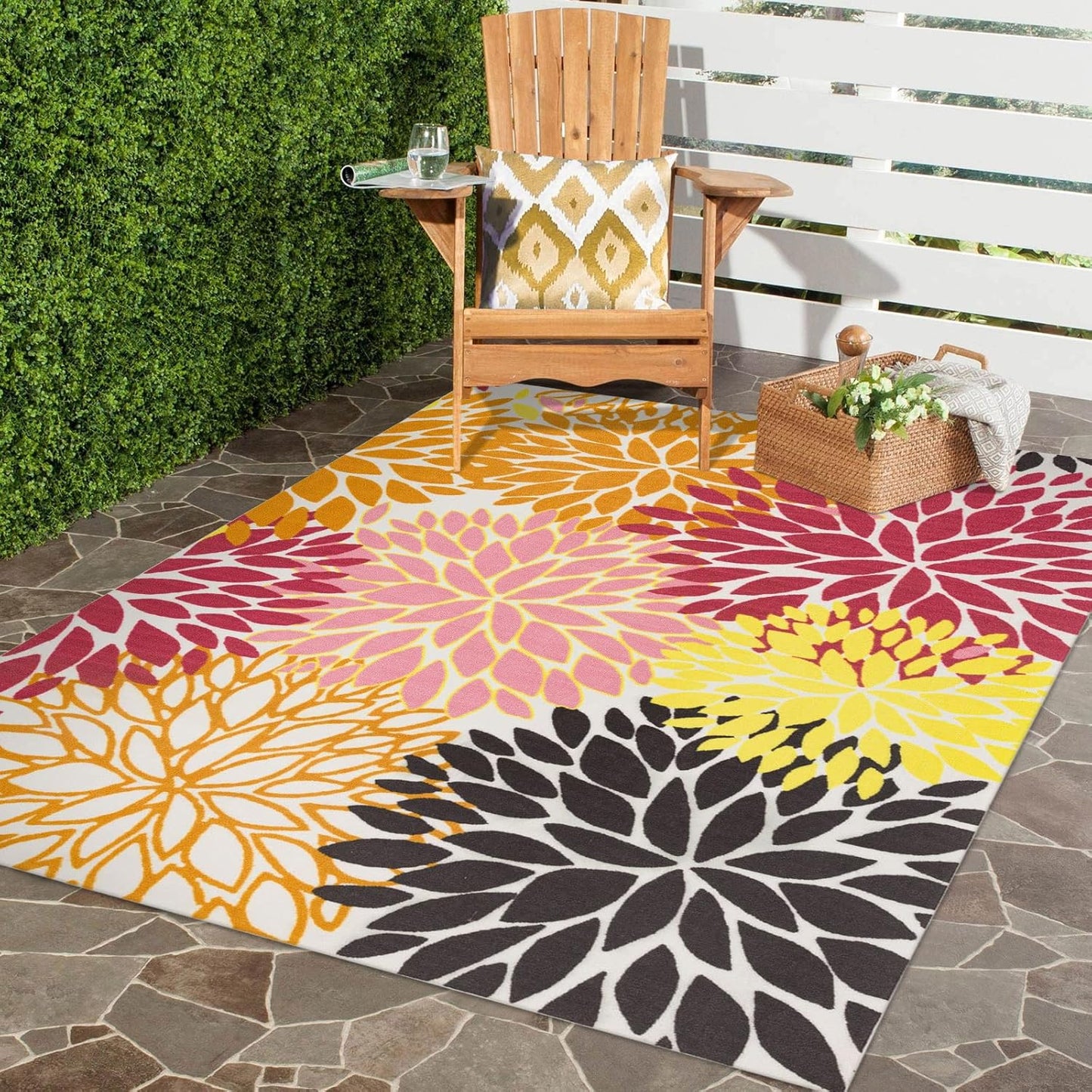 DECOMALL Outdoor Rugs for Patio Deck Porch Balcony Backyard, Green Blue Flower, 5'x7'