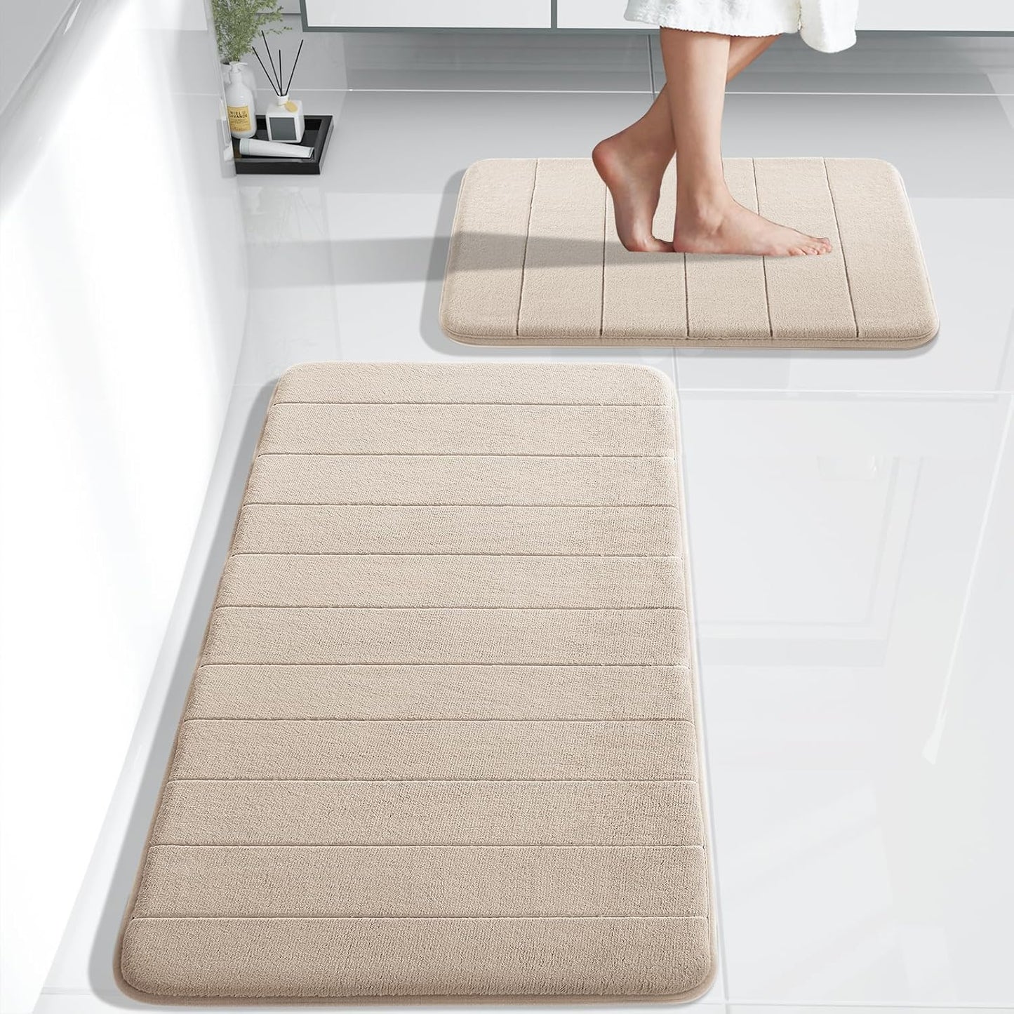 Yimobra Large Bath Mat Set 2 Piece- Super Soft Absorbent Quick Dry Memory Foam Bathroom Rugs, Machine Washable Non Slip Floor Carpet for Tub Shower & Double Vanity (17x24 & 44x24, Gray)