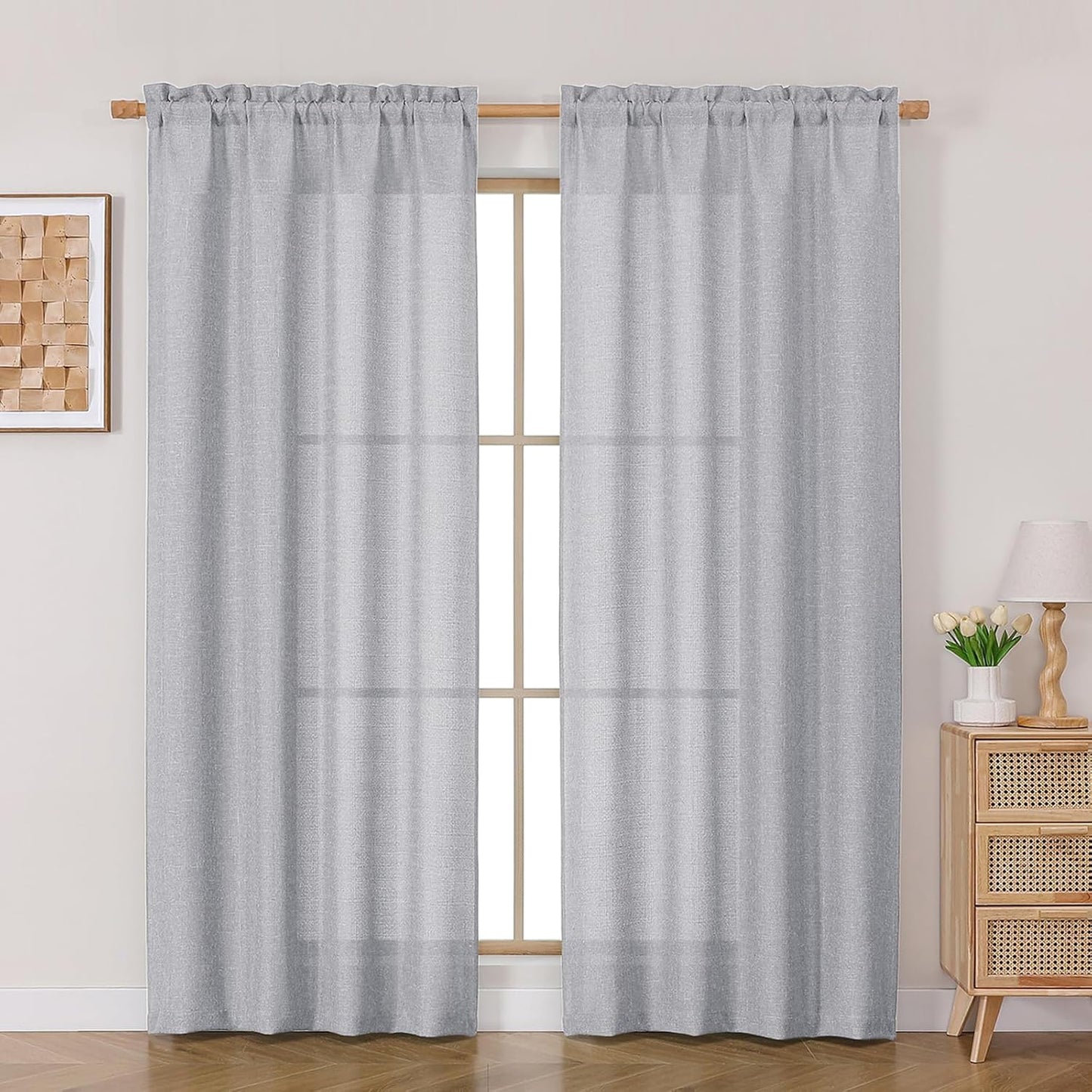 OVZME Light Grey Curtains 63 Inch Length 2 Panels, Faux Linen Textured Semi Light Filtering Drapes, Soft Airy Farmhouse Slub Window Curtains for Living Room Bedroom, Each 40x63 Inches