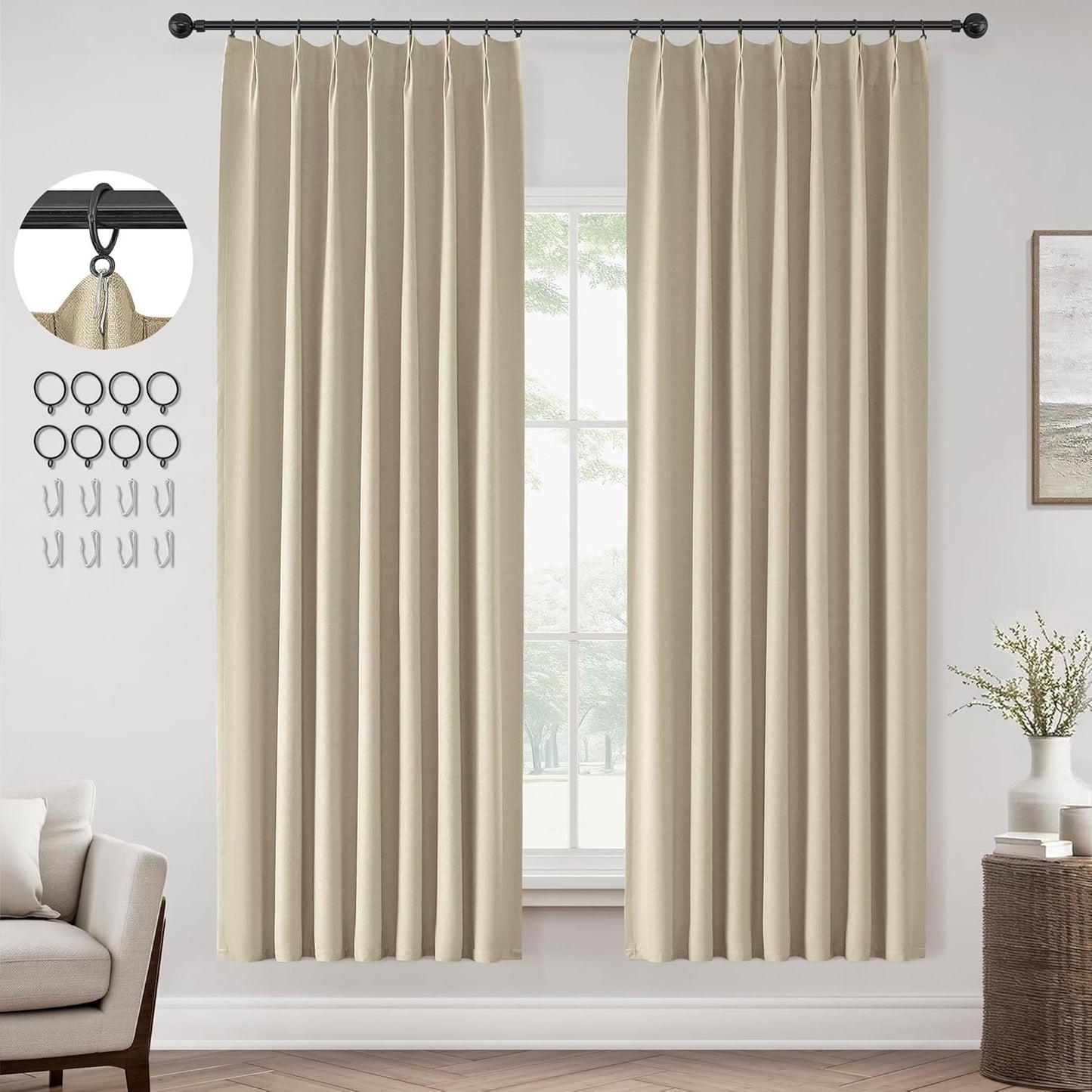 ChrisDowa Terracotta Pinch Pleated Blackout Linen Curtains 102 Inch Long 2 Panels for Living Room Bedroom Farmhouse Room darking Thermal Insulated Back Tab Hooks Rings Window Treatment Drapes,40x102