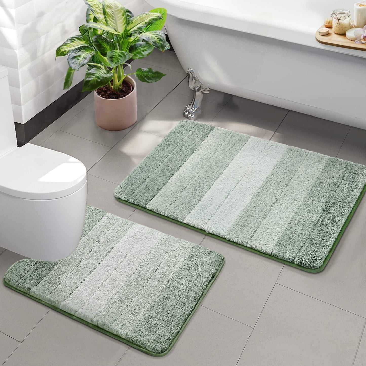 Kmson 2 Piece Ombre Bathroom Rugs Set, Non Slip, Quick Drying, Ultra Soft and Water Absorbent Bath Carpet for Bedroom Floor Living Room,Machine Washable Green