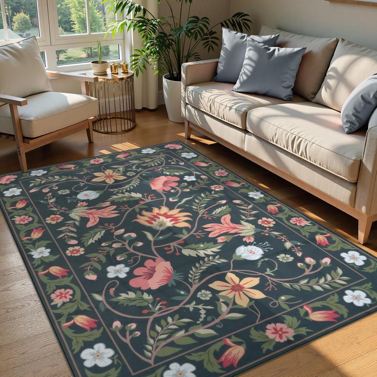 Uphome Indoor Outdoor Area Rug 6x9 ft, Large Floral Patio Rugs for RV Camping Outside, Washable Living Room Mat Non Slip, Breathable Floor Carpet for Bedroom Deck Porch Backyard, Black