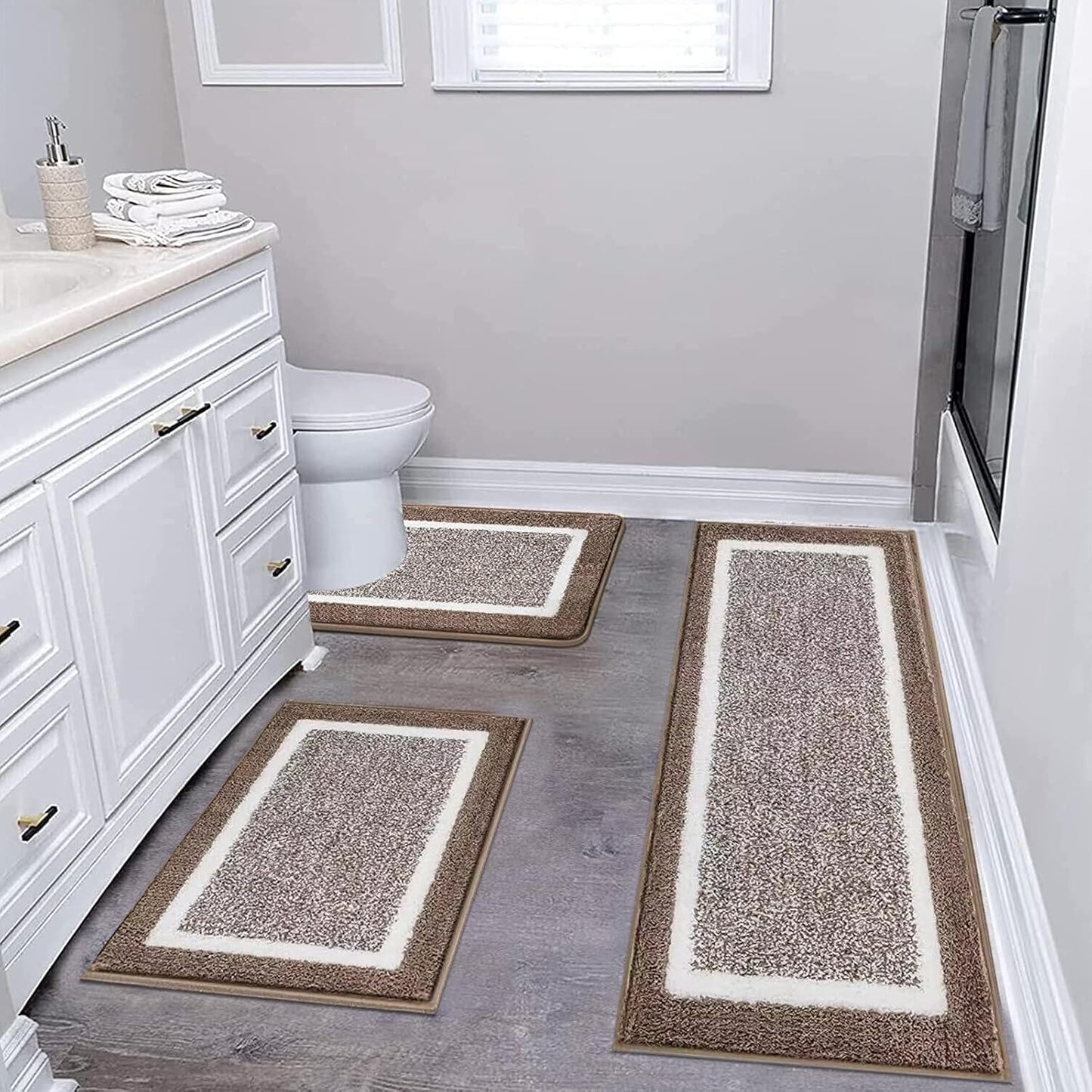 Pauwer Bathroom Rug Mat Set 3 Piece, Microfiber Shaggy Bath Set, Non-Slip Ultra Soft Carpet Mats, Absorbent with U-Shaped Toilet for Bathroom, Tub, Shower, Dark Grey
