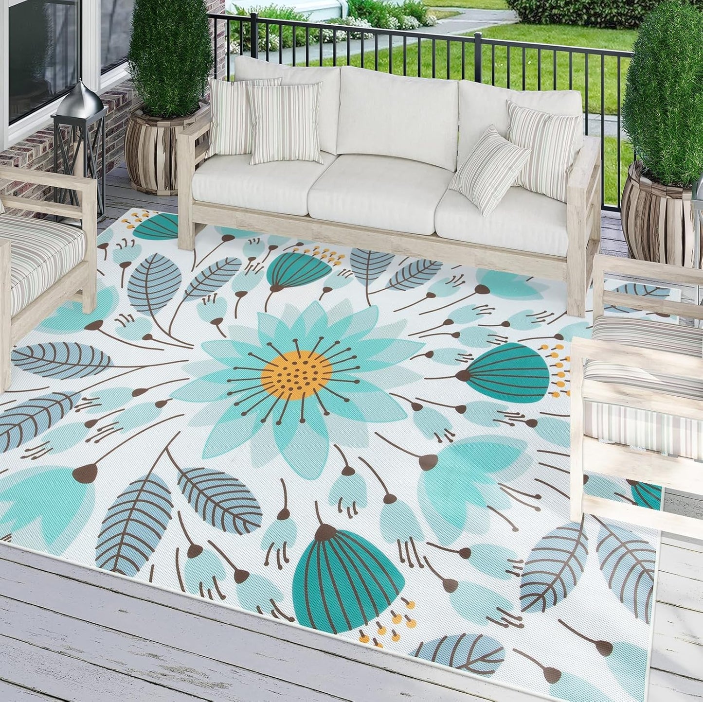 Uphome Blue Floral Patio Rug 6x9 ft, Breathable & Quick Drying Outdoor Rug Carpet, Non-Slip Washable RV Camping Mat, Flower Indoor Outdoor Area Rug for Backyard Garden Deck Balcony Picnic, 6'x9'