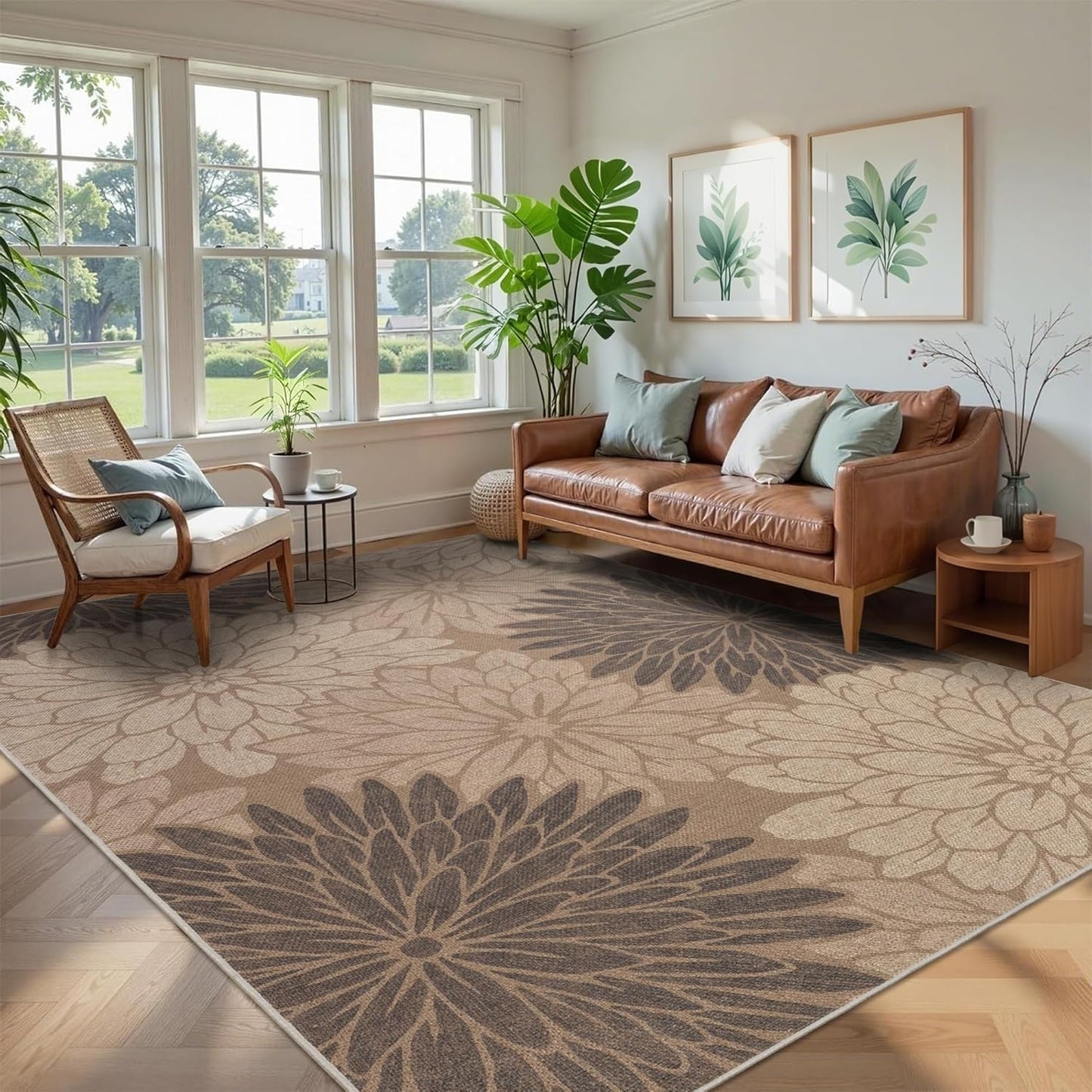 Floral Easy Jute Rug 5x7 Outdoor Patio Rug Washable Area Rugs for Living Room Bedroom Non Slip Neutral Farmhouse Indoor Outdoor Carpet for Backyard Patio Office