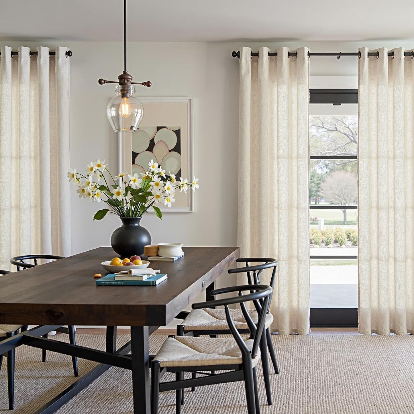 jinchan Linen Blend Semi Sheer Curtains 50W x 84L Inch Beige for Bedroom Curtains Light Weight Soft Window Grommet Drapes 2-Panel Set