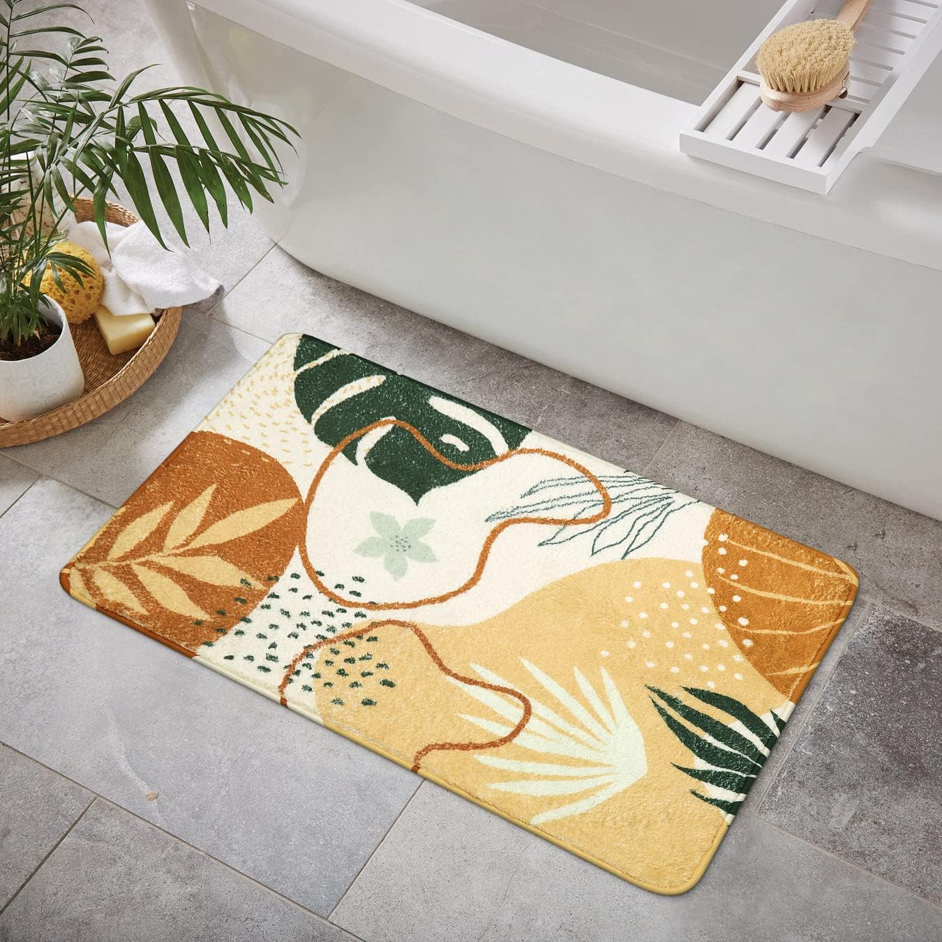 Uphome Sage Green Bathroom Rug Set, Cute Abstract Plant Bath Mat Set, Non Slip Machine Washable Bath Rugs, Soft Velvet Small Bathroom Mat, Mid Centry Aesthetic Botanical Floor Mats for Tub Sink Shower
