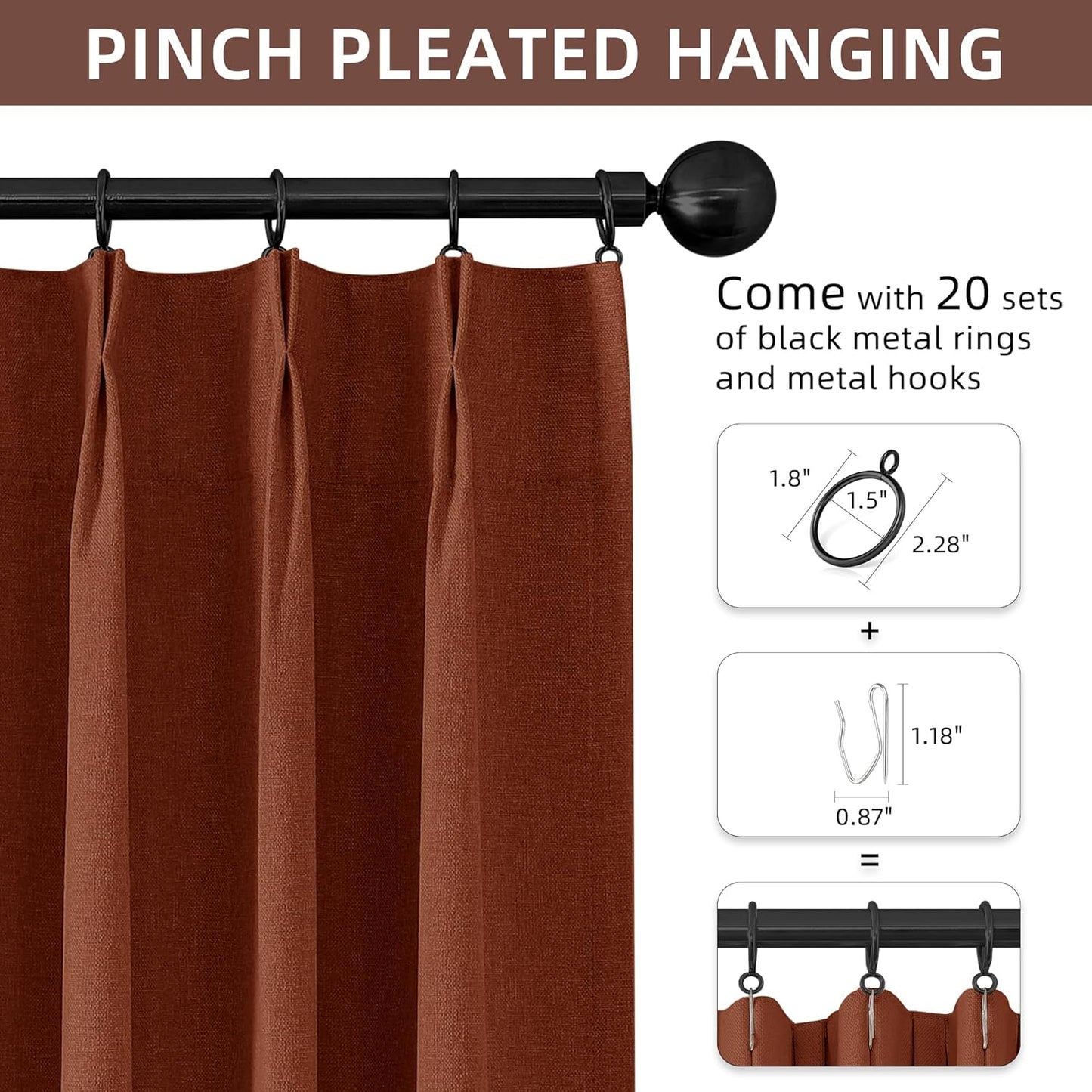 ChrisDowa Terracotta Pinch Pleated Blackout Linen Curtains 102 Inch Long 2 Panels for Living Room Bedroom Farmhouse Room darking Thermal Insulated Back Tab Hooks Rings Window Treatment Drapes,40x102